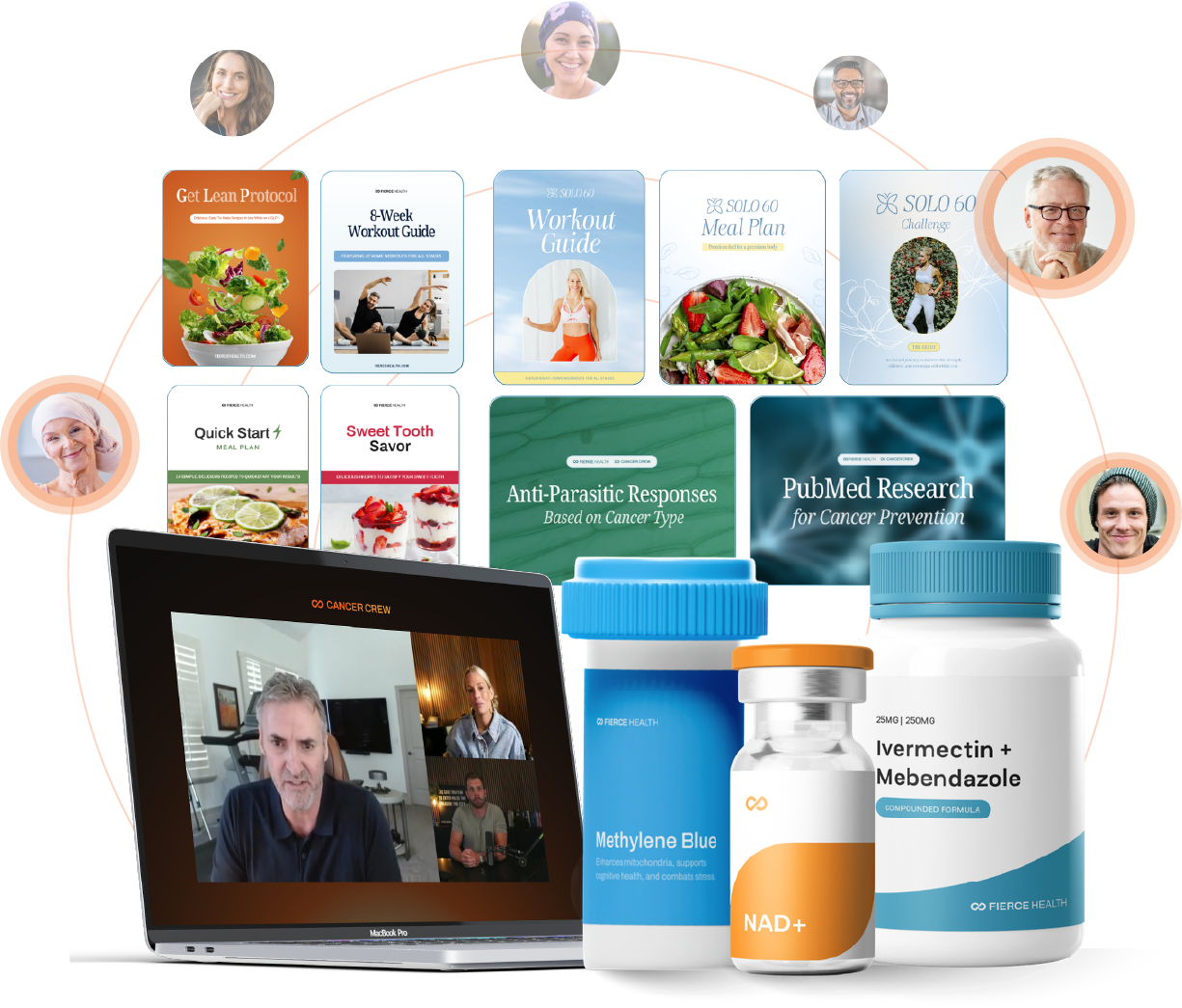 A collection of health supplements, workout guides, meal plans, and a laptop showing a video call.