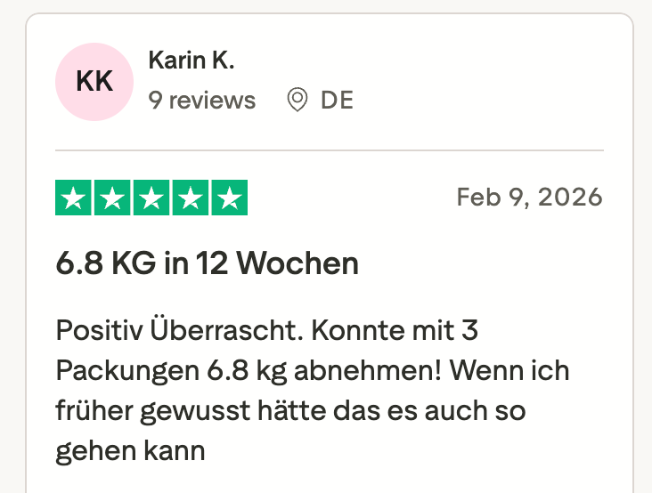 Trustpilot-Bewertung von Karin K., 5 Sterne: 6.8 KG in 12 Wochen