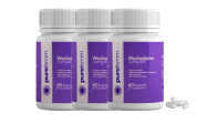 Three purple bottles of dietary supplements with white caps.