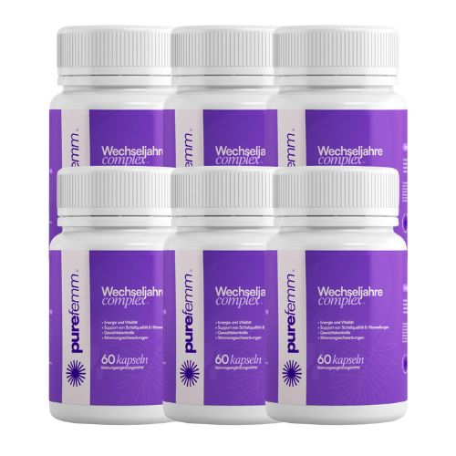 Six bottles of purple and white dietary supplement labeled 'Wechseljahre complex'.