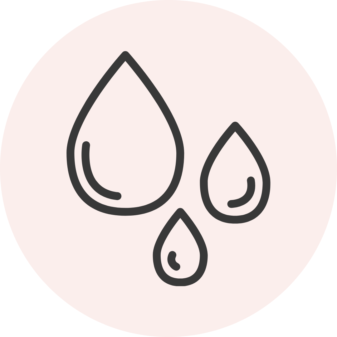 Three outlined water droplets on a light pink circle background.