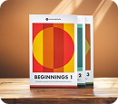 Three booklets titled 'Beginnings 1' with colorful geometric covers are displayed on a wooden surface.