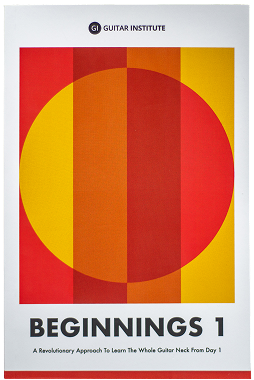 The cover of the 'Beginnings 1' guitar instruction book from the Guitar Institute, featuring a colorful geometric design.