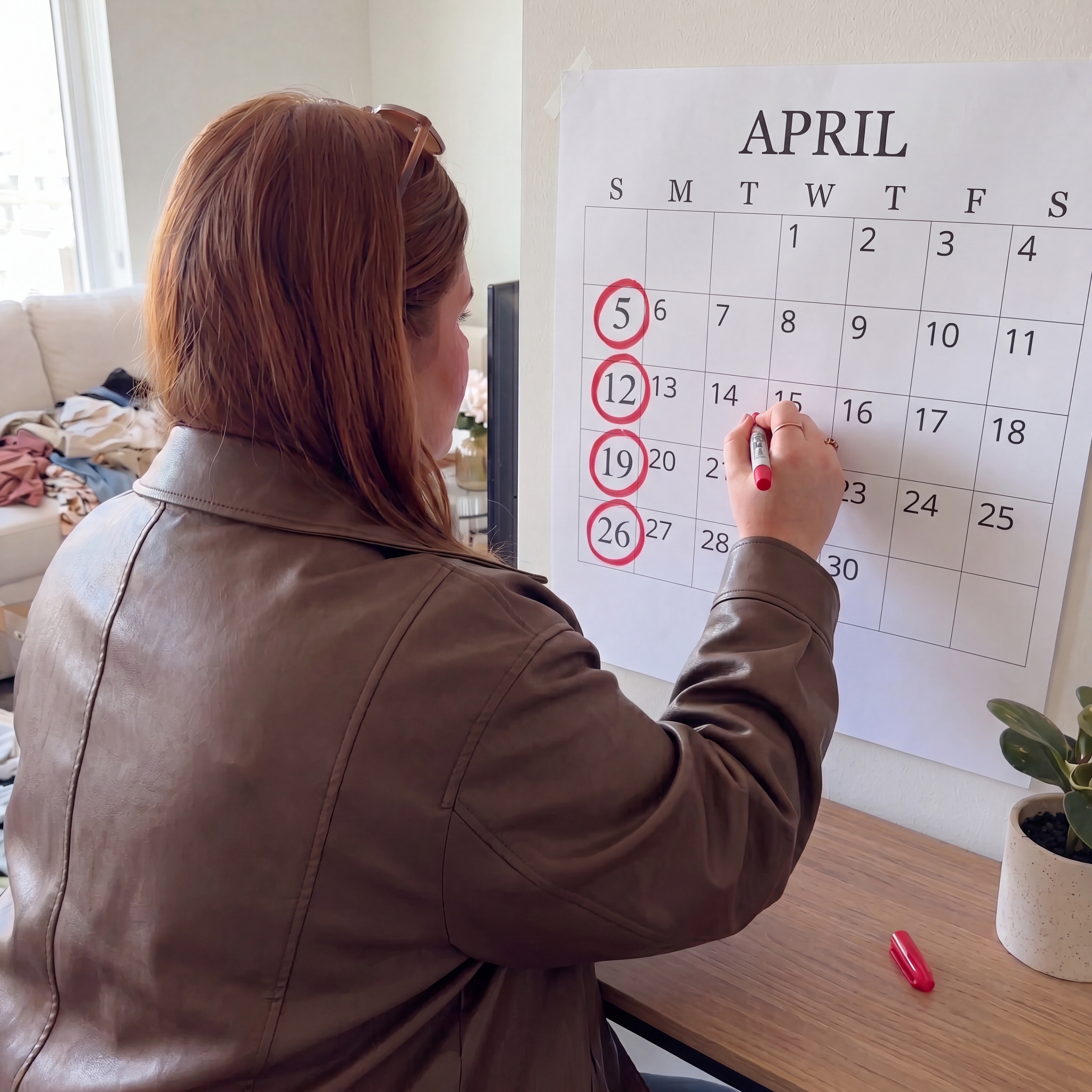 A woman with red hair uses a red marker to circle a date on an April wall calendar.