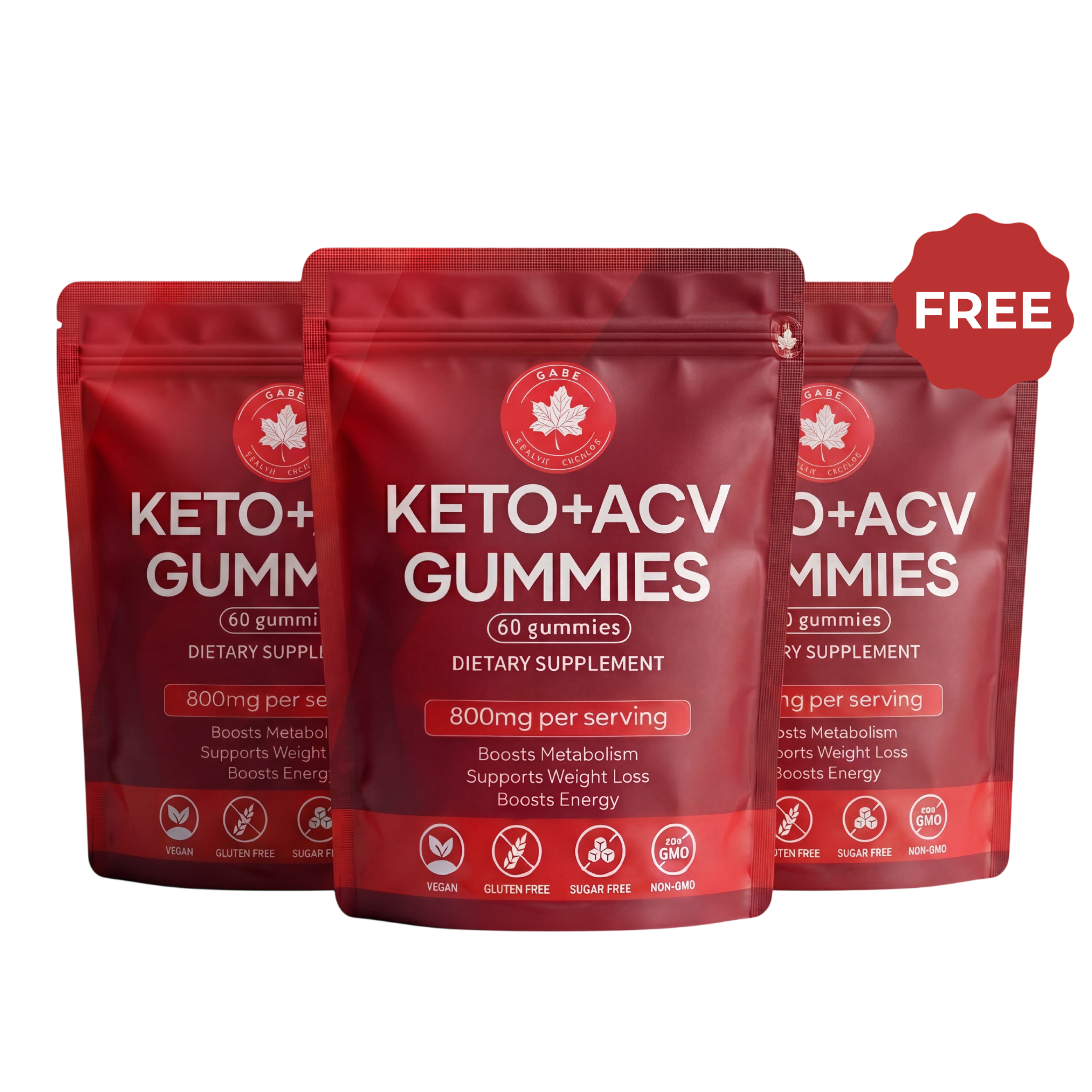 Three red pouches of Keto+ACV Gummies dietary supplement, one with a red 'FREE' sticker on it.