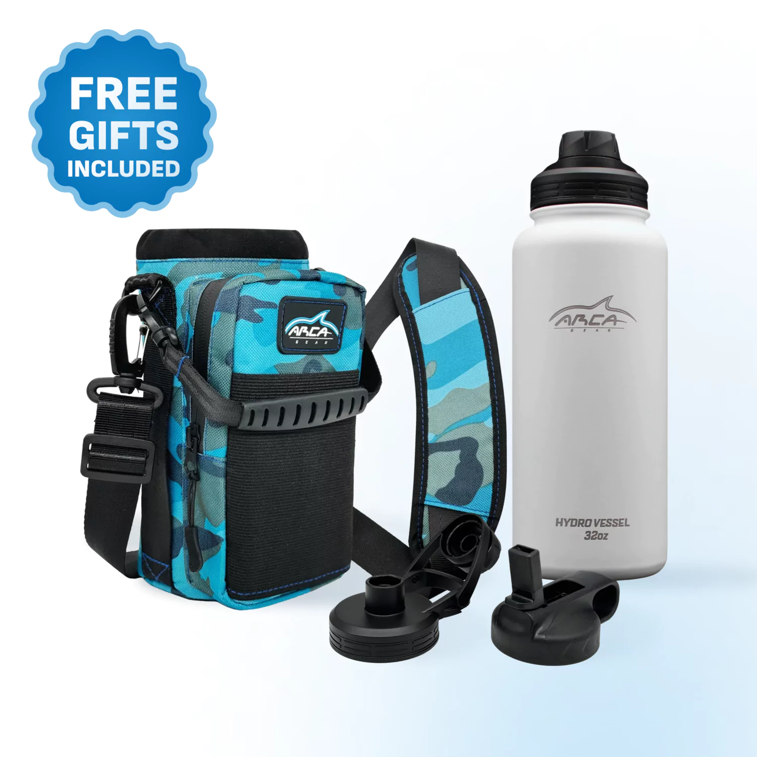 Blue camo water bottle holder with strap, white bottle, and additional lids, labeled 'Free Gifts Included.'
