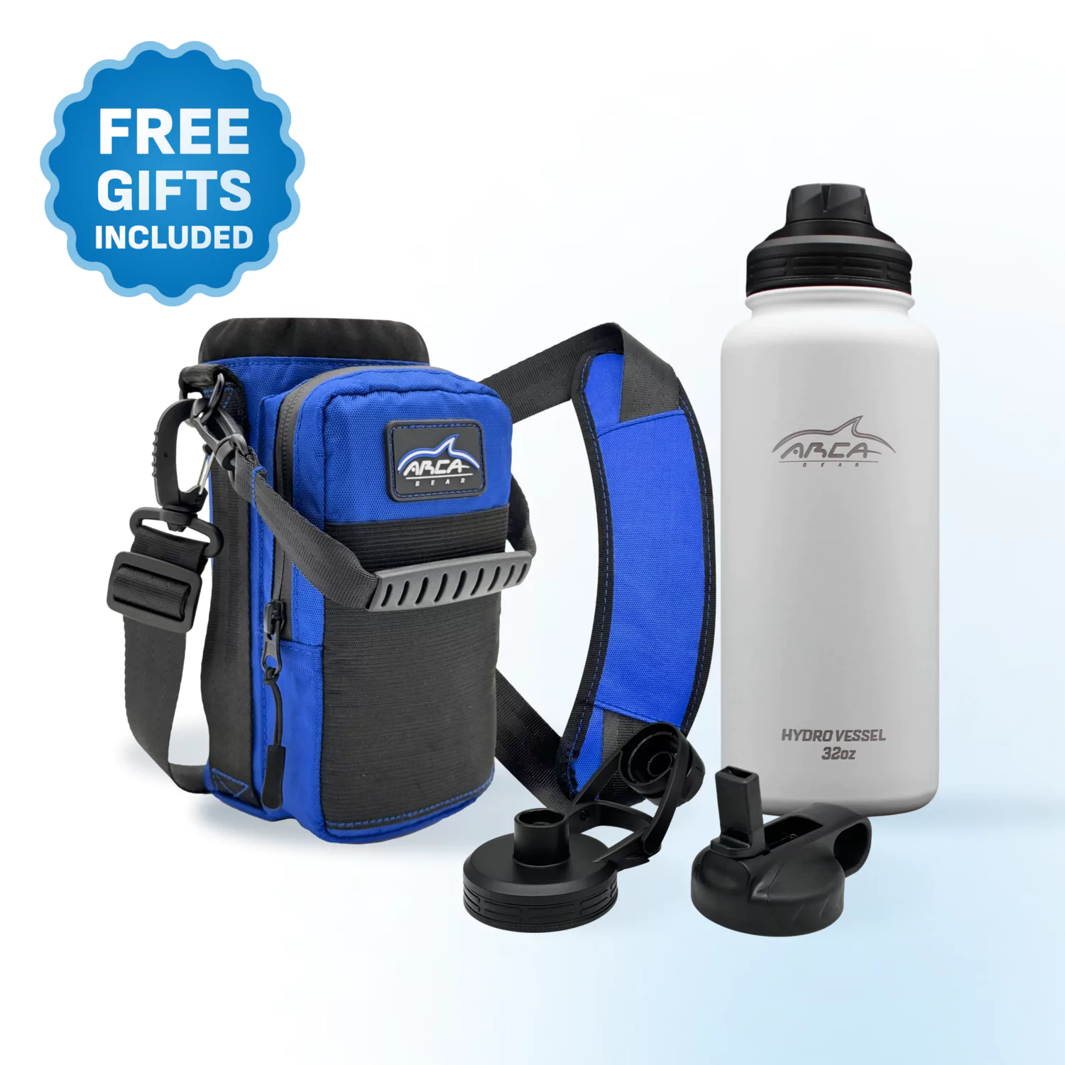 Blue and black gear bag, white water bottle, and additional caps with 'Free Gifts Included' label.