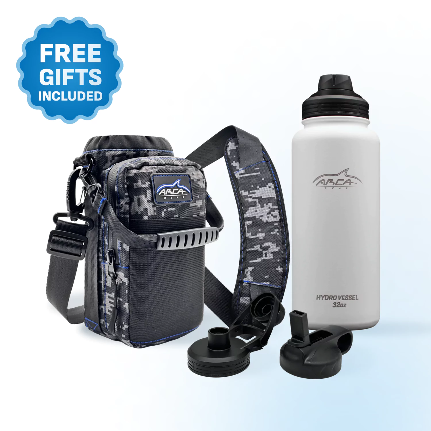 Digital camo bag and white 32oz bottle with interchangeable lids, labeled 'Free Gifts Included.'