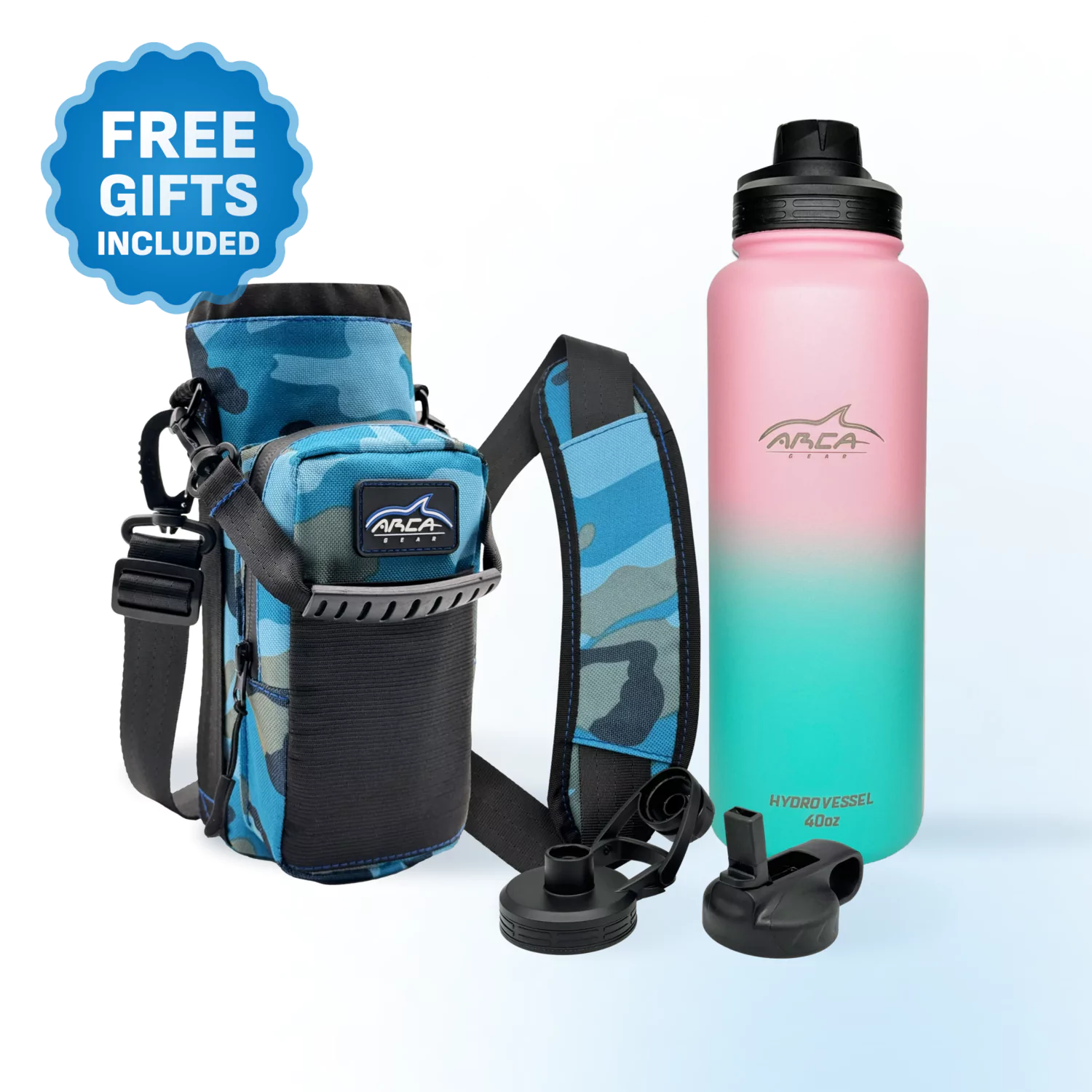 Camo insulated bag and pink gradient water bottle with additional caps, labeled 'FREE GIFTS INCLUDED.'