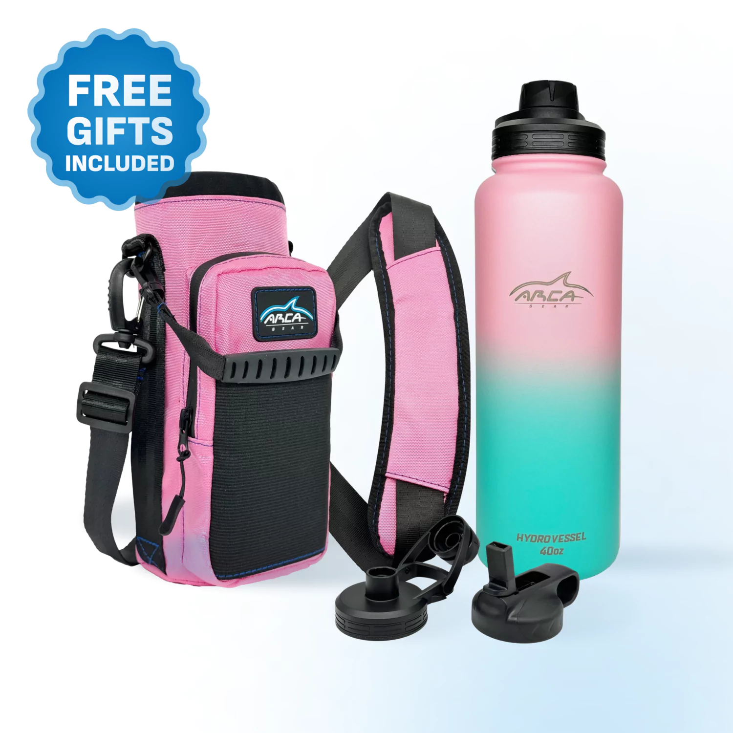 Pink and teal water bottle with pink carrying case and strap, includes bonus lids.