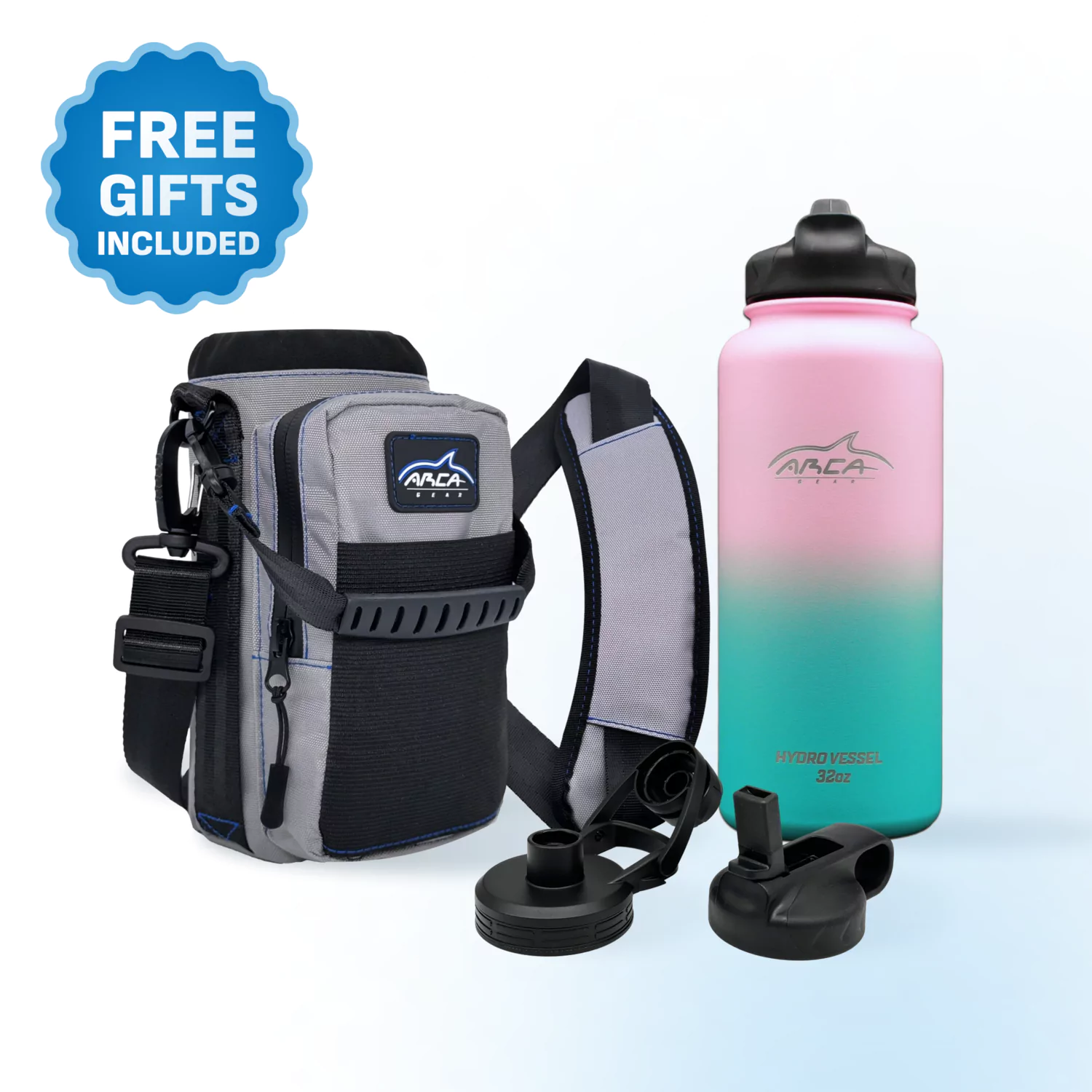 Insulated water bottle and gray cooler bag with 'Free Gifts Included' label.