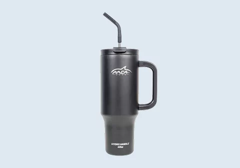 Black insulated mug with a lid, straw, and handle.