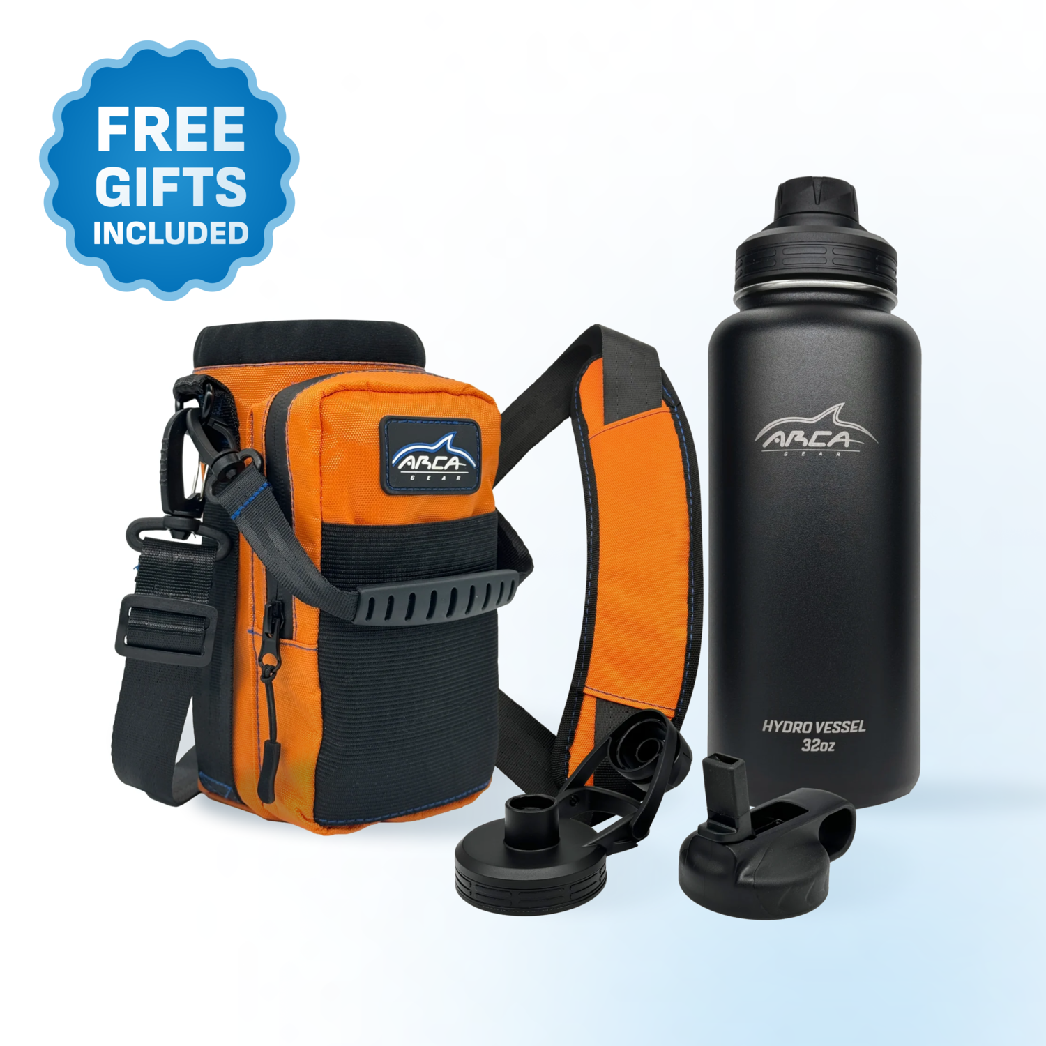 Orange gear bag and black water bottle with extra lids, featuring a 'Free Gifts Included' sign.
