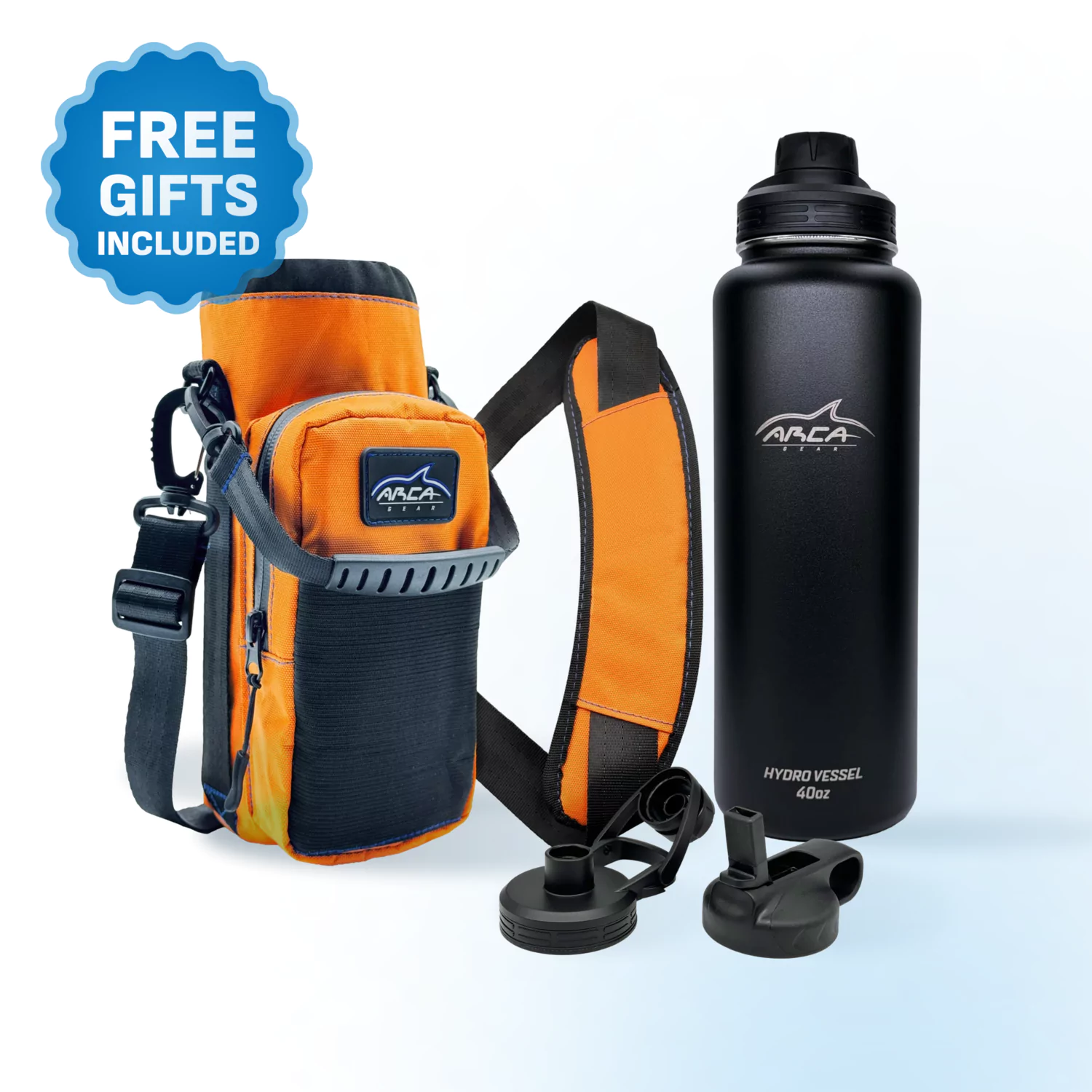 Orange carry bag and black water bottle with extra lids, labeled 'FREE GIFTS INCLUDED.'