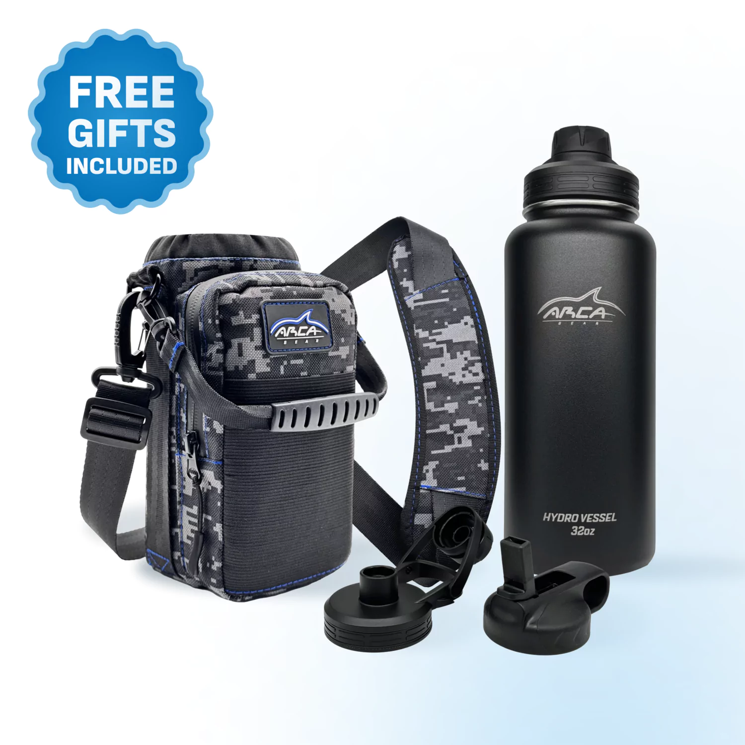 Camo-patterned sling pack with a stainless steel water bottle and accessories, 'Free Gifts Included' label.
