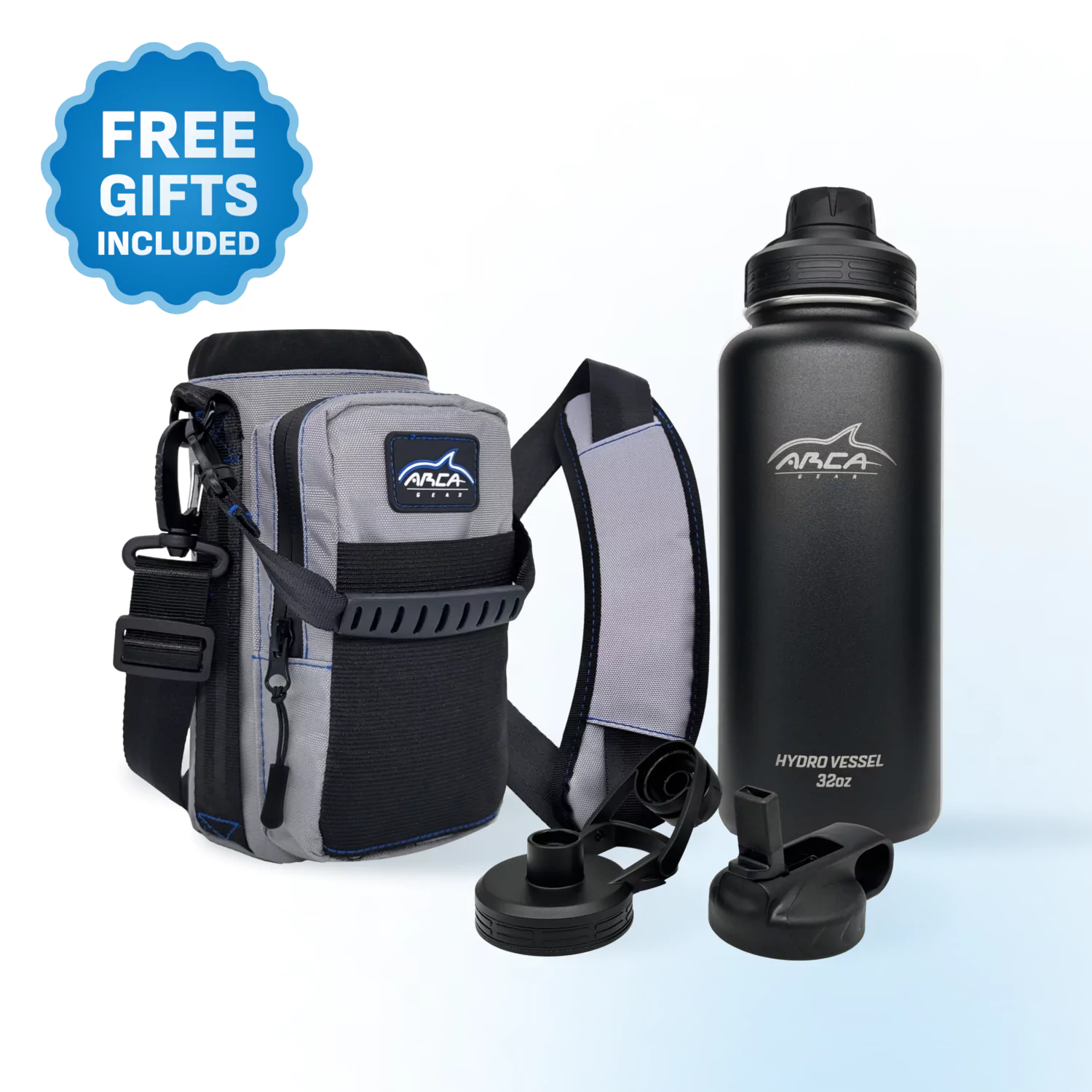 Gray shoulder bag and black water bottle with interchangeable lids, labeled with a blue 'FREE GIFTS INCLUDED' badge.