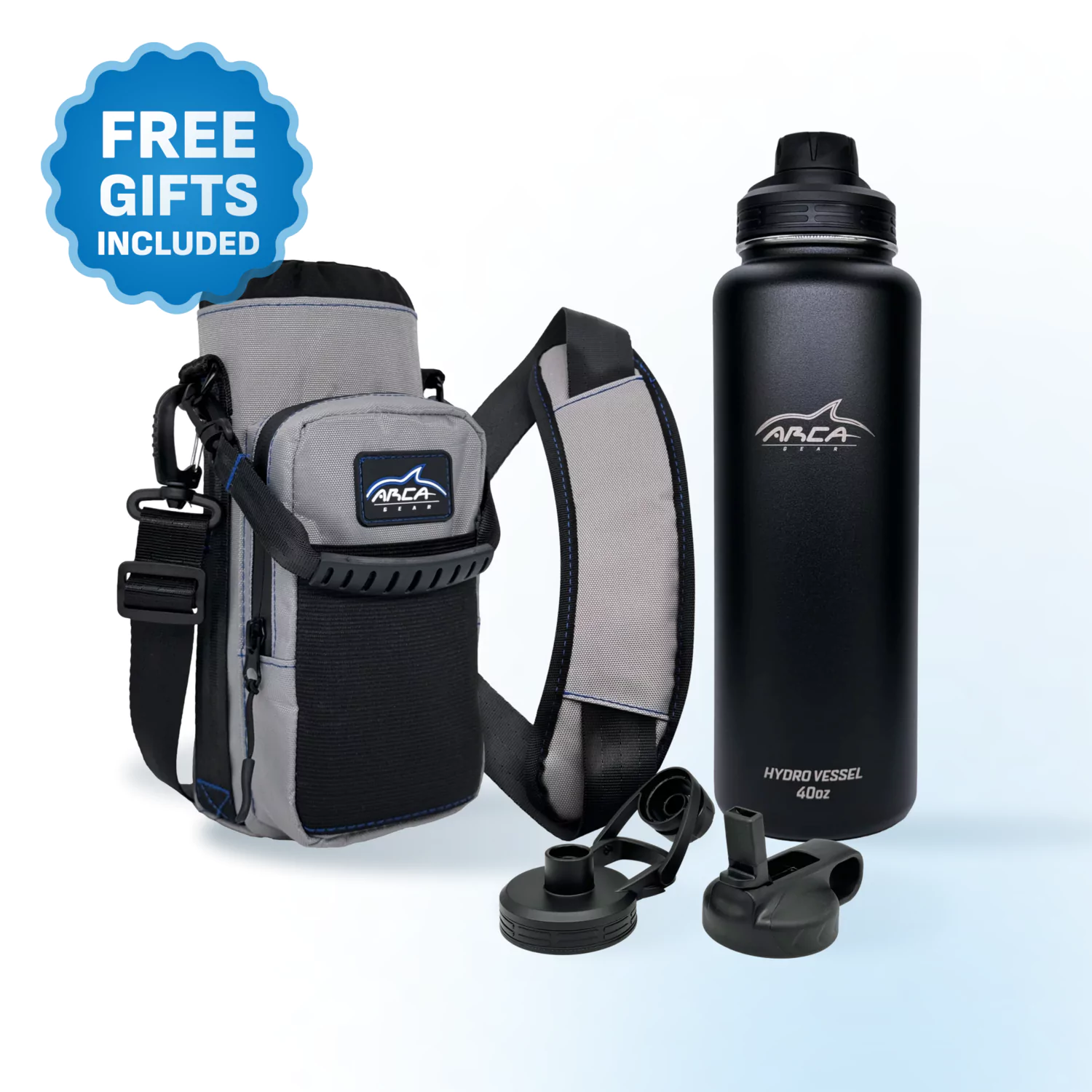 Black water bottle and gray carrying case with two extra lids, “Free Gifts Included.”