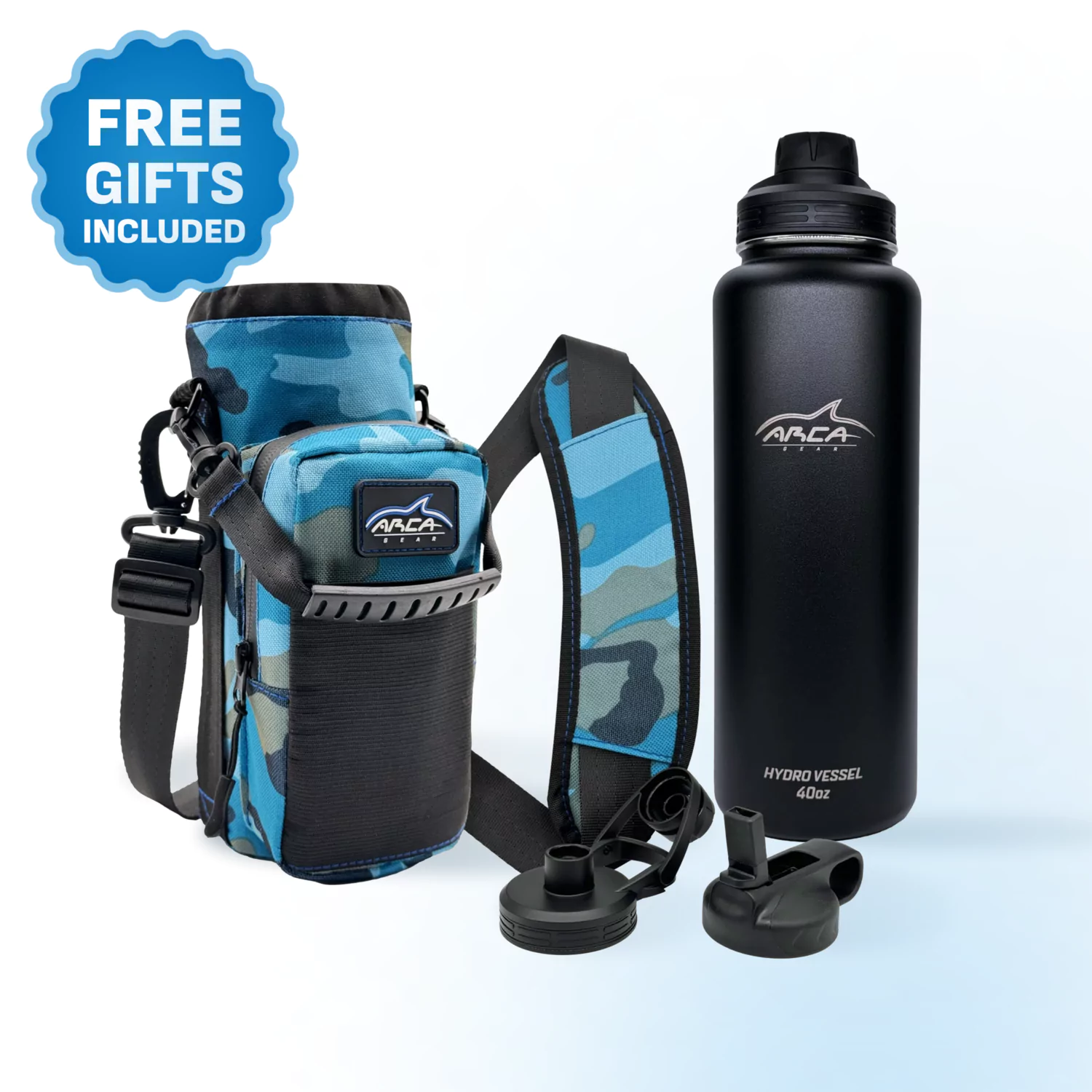 Blue camo bottle holder and black water bottle with interchangeable lids.