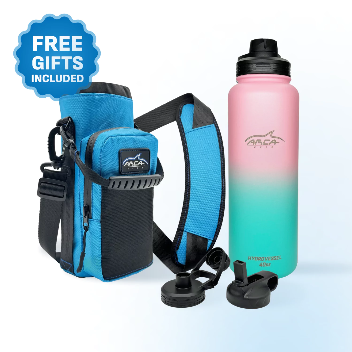 Set includes a vibrant water bottle, blue carrying case, straps, and two black lids.