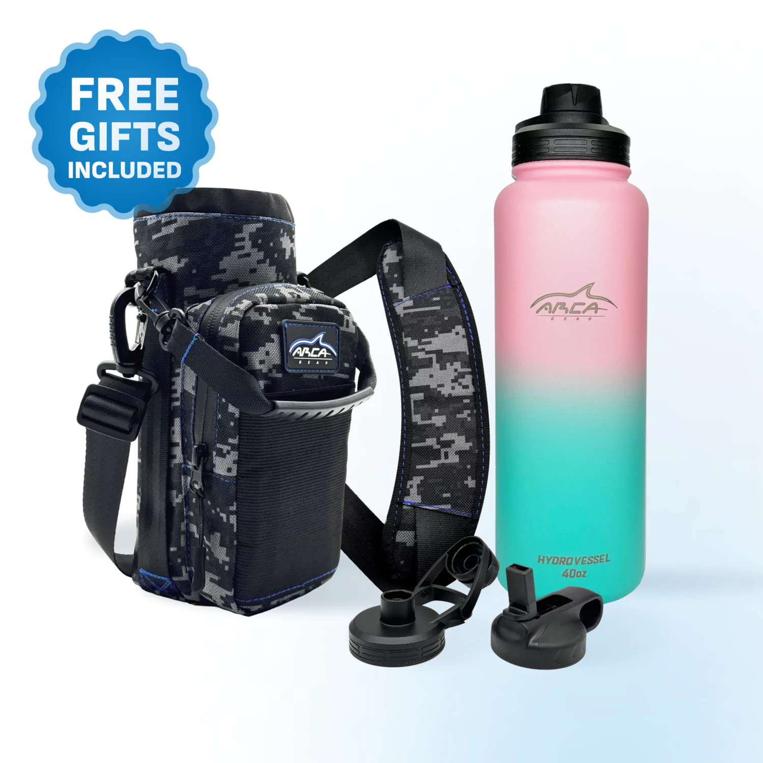 Gradient water bottle with camouflage carrier and extra lids, 'Free Gifts Included' label.