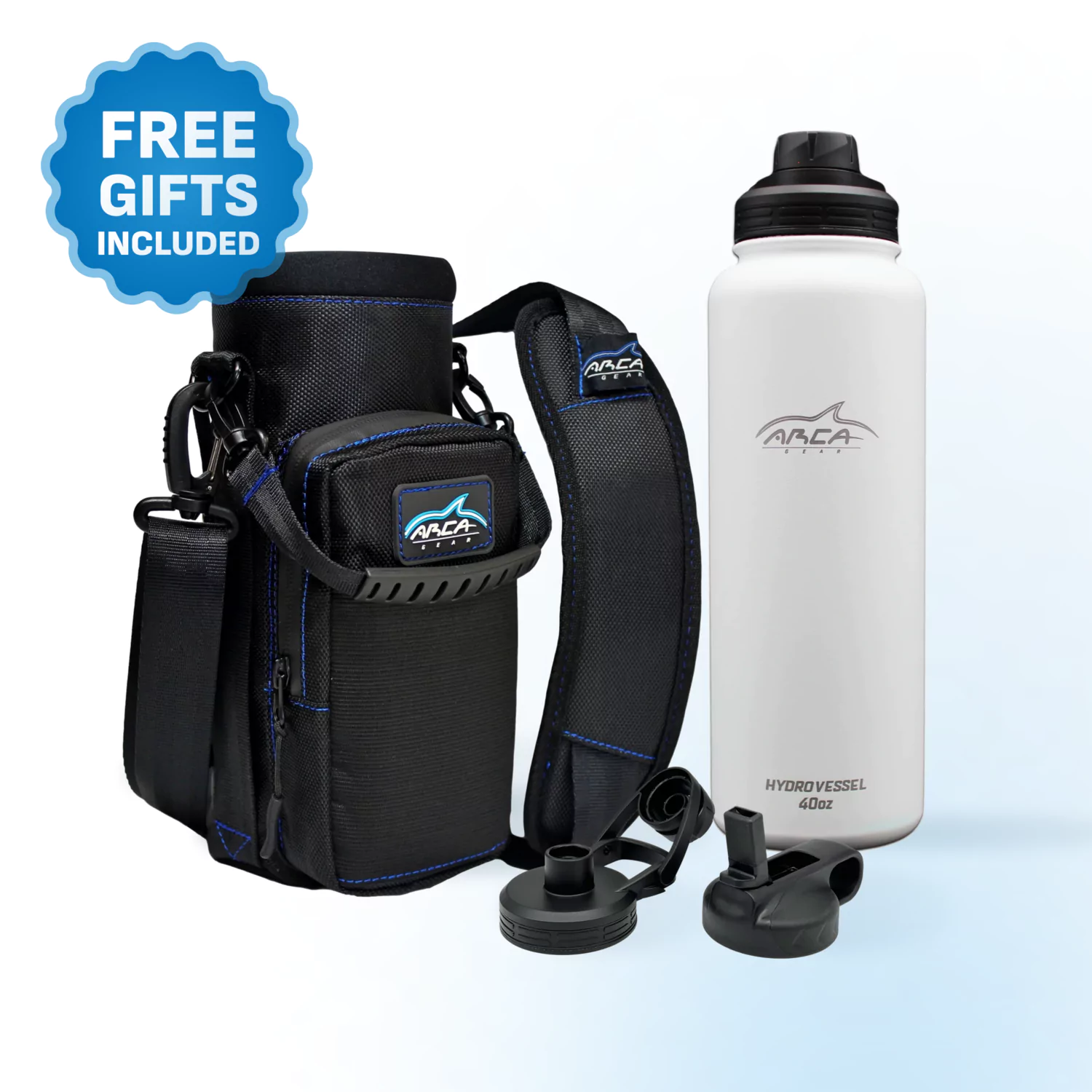 Black carrying case and white water bottle with two extra lids.
