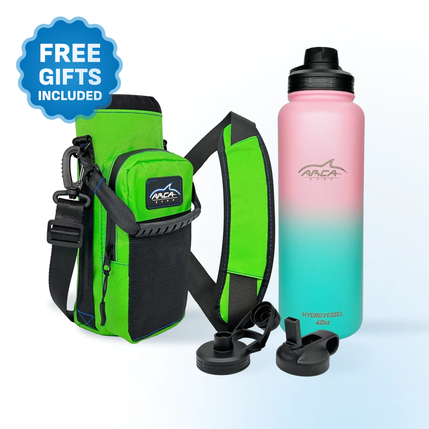 Green bottle holder with strap, gradient pink-blue water bottle, and additional lids included.