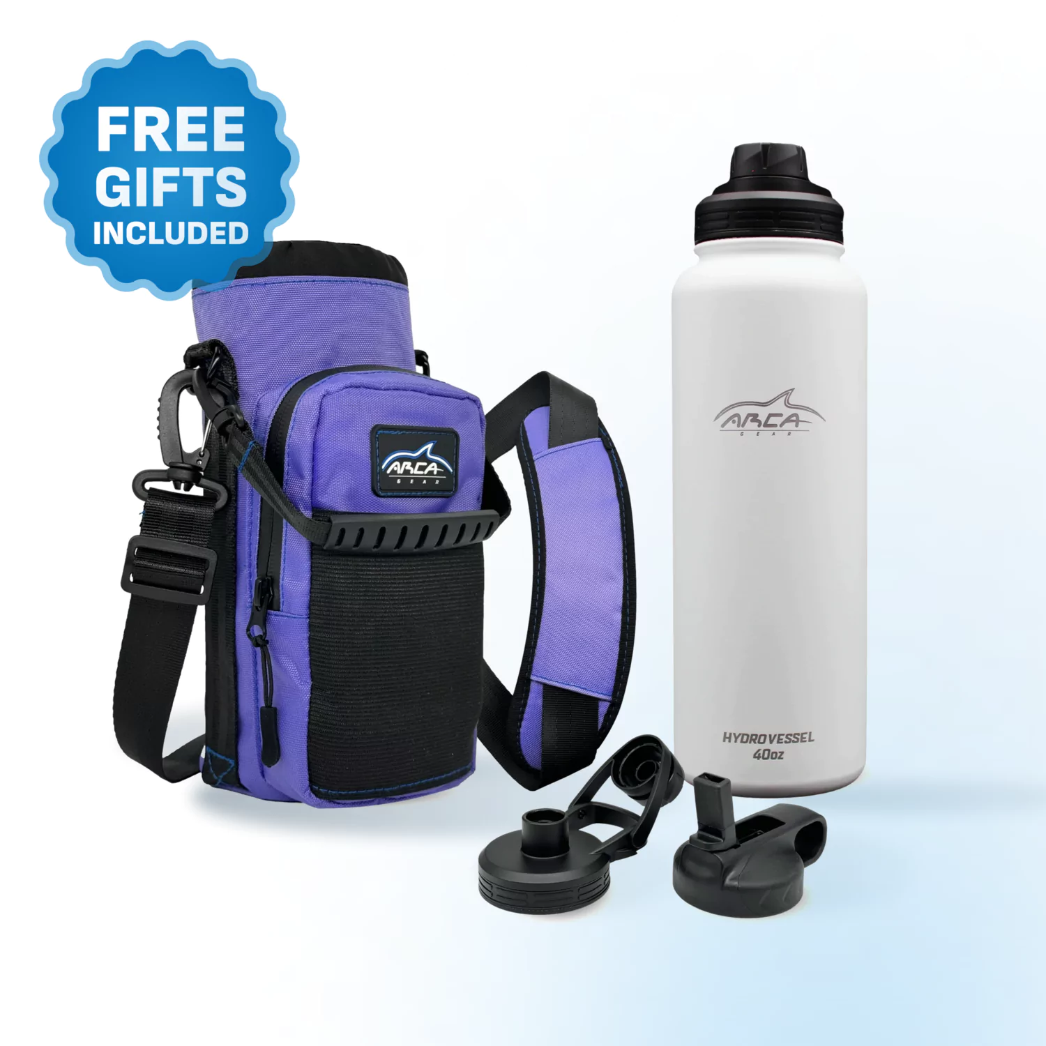 Purple water bottle holder with strap, white bottle, and interchangeable lids, labeled 'Free Gifts Included.'