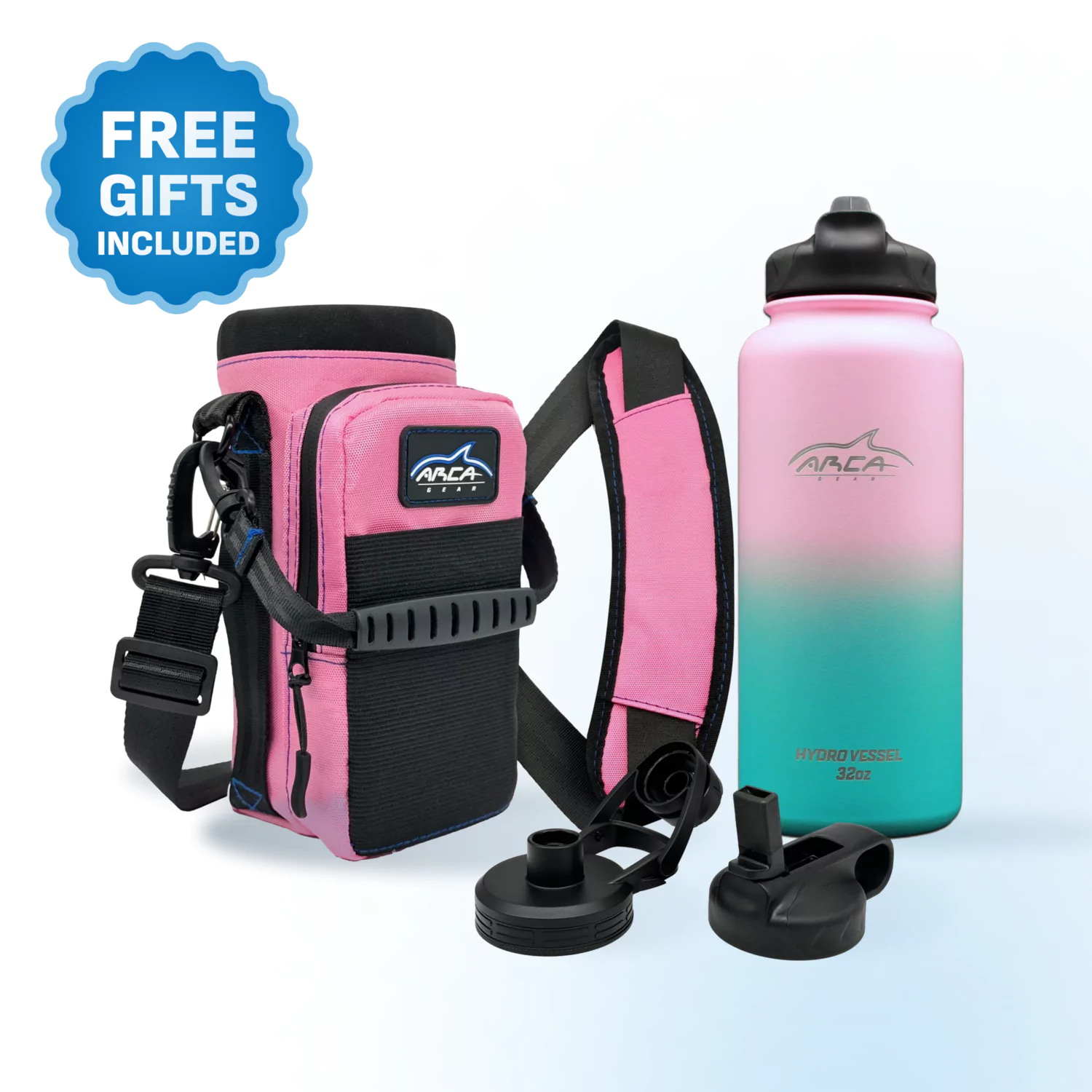 Pink and teal water bottle with matching carrying case and adjustable strap.