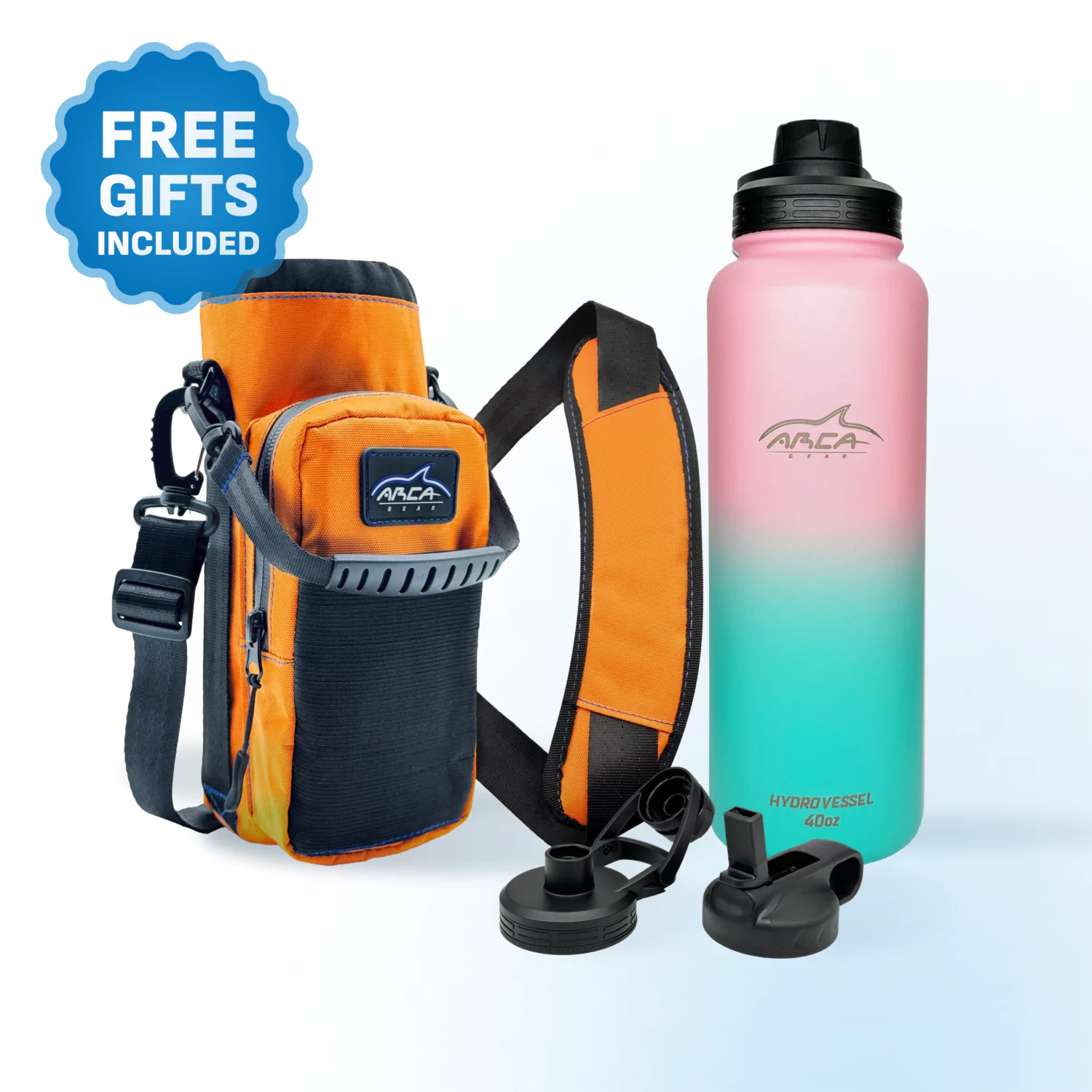 Orange carrying case, gradient water bottle, and accessories with 'Free Gifts Included' badge.