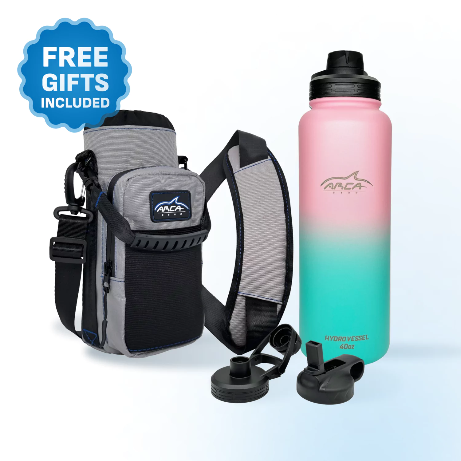 Gradient water bottle with carrying bag and free gifts labeled.