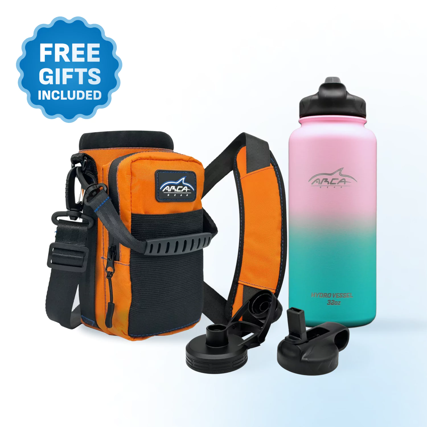 Orange pouch and colorful water bottle with interchangeable lids, plus a 'Free Gifts Included' badge.