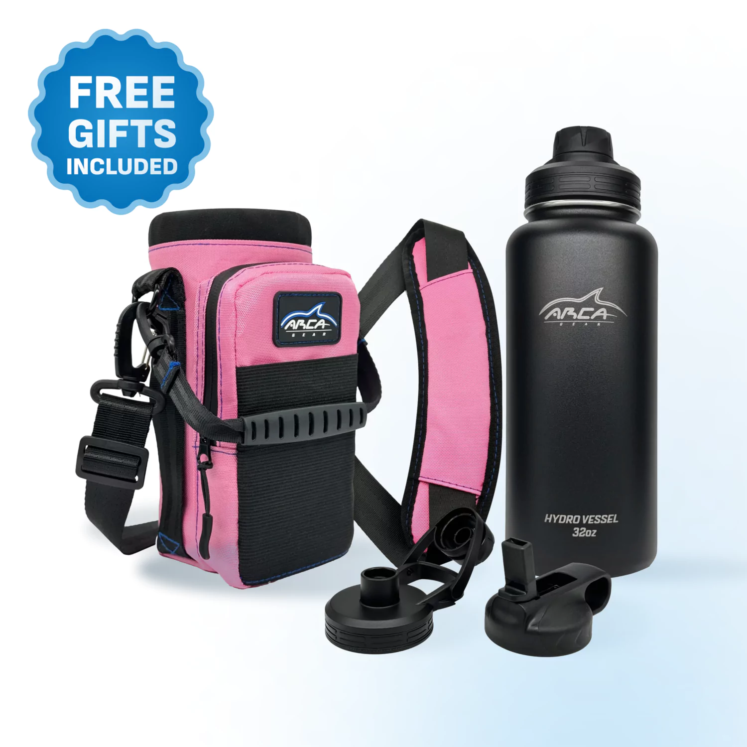 Pink carrying case and black water bottle with interchangeable lids.