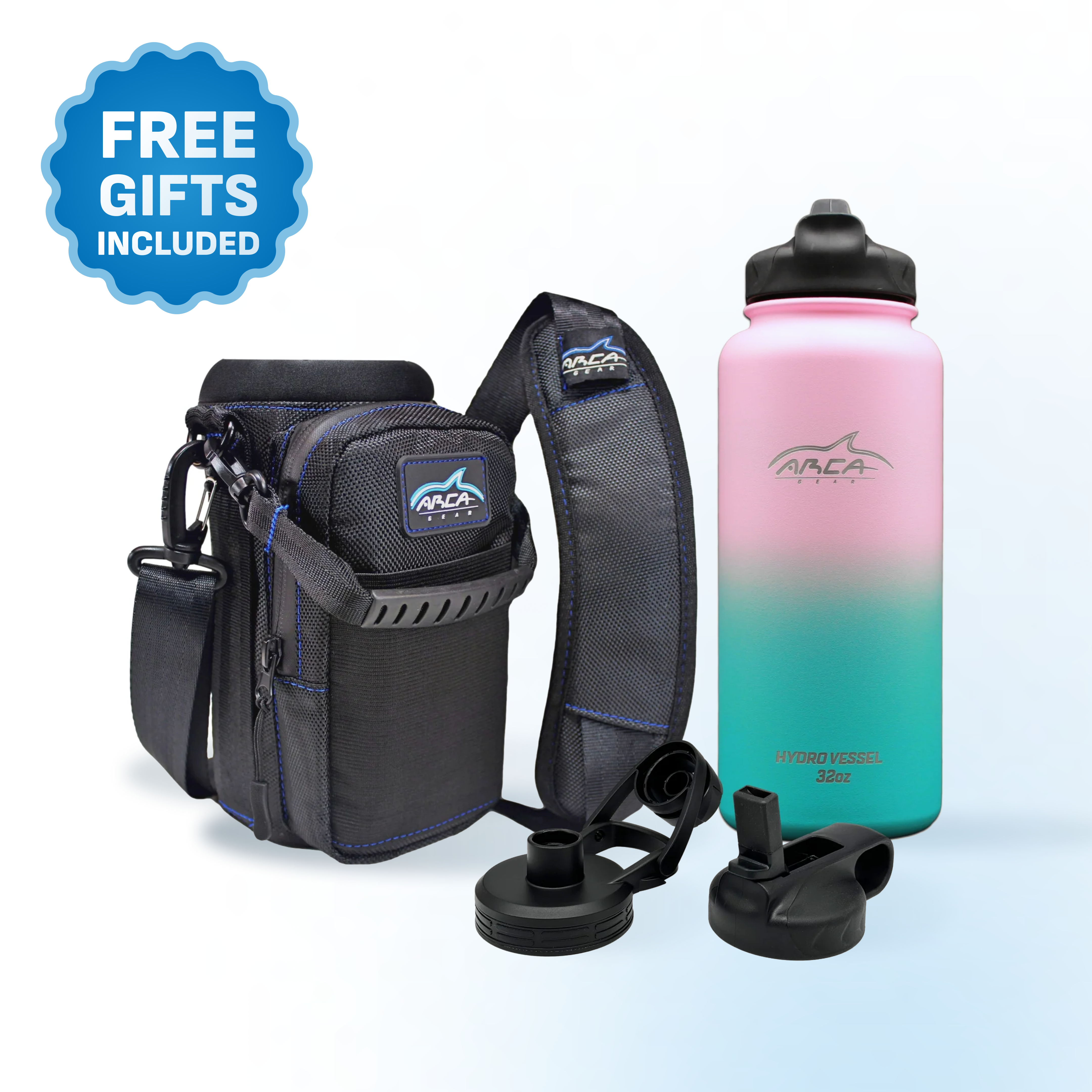 Water bottle and carrying case with extra lids included.