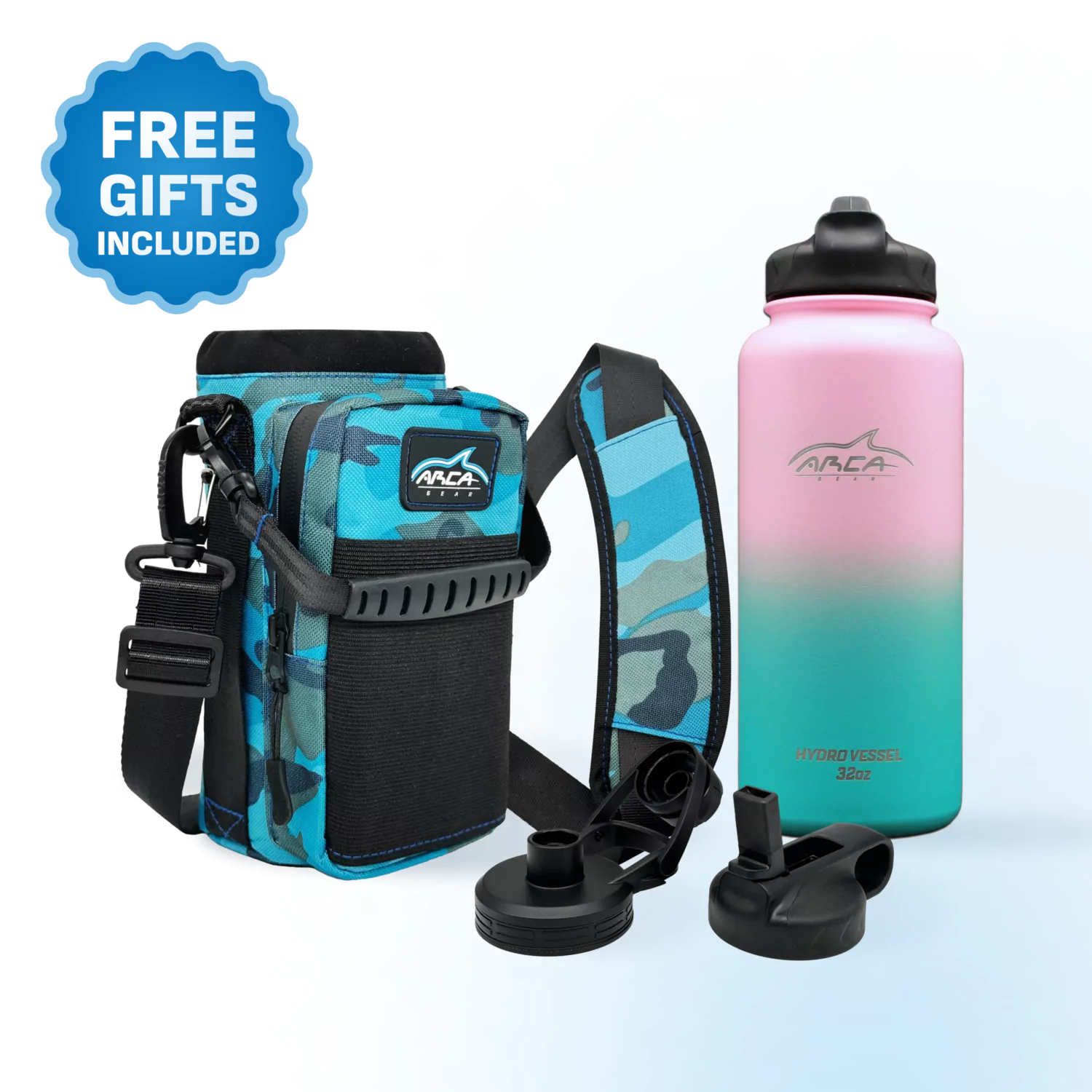 Camouflage cooler bag with pink and teal water bottle, and additional accessories.