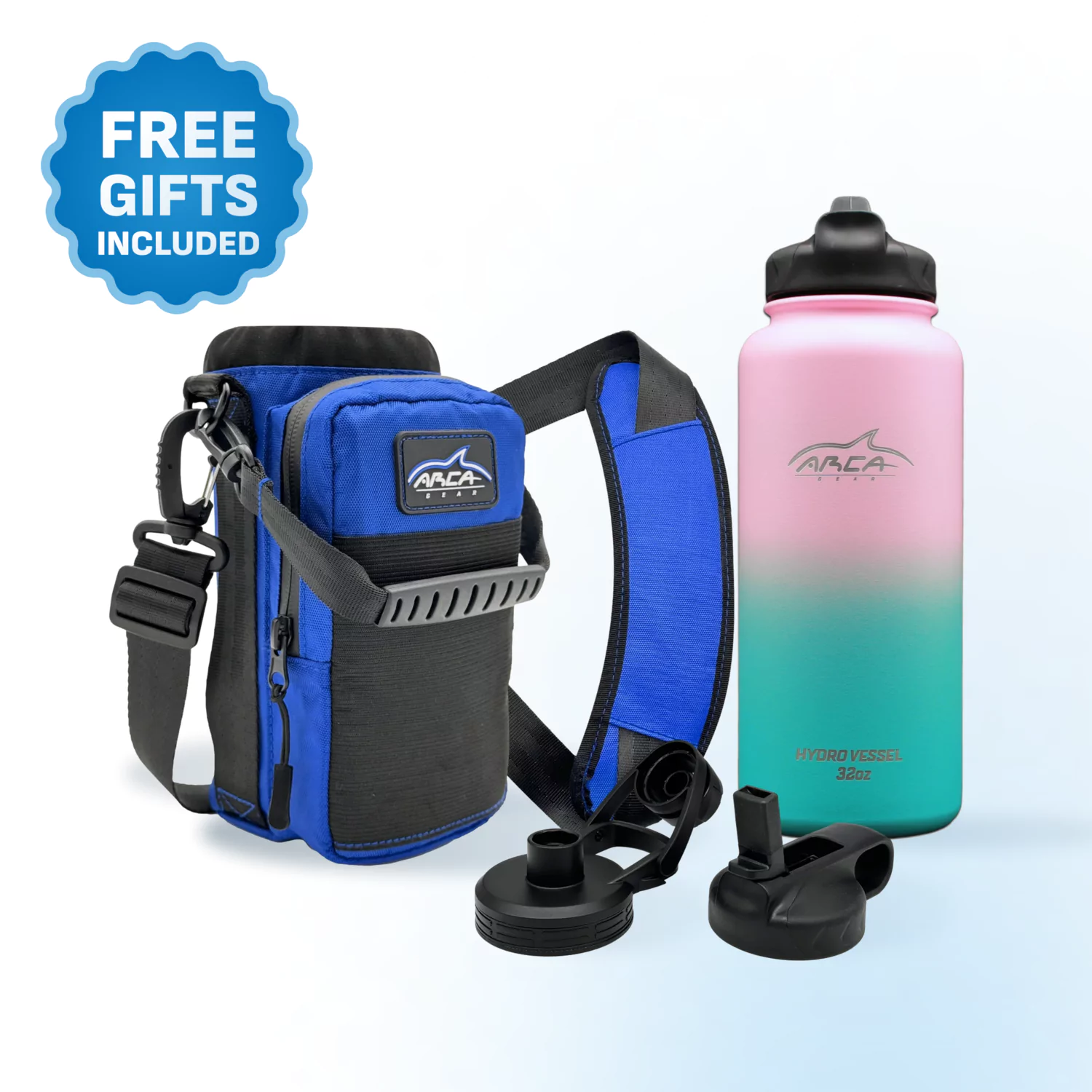 Outdoor gear set with a colorful bottle, blue pouch, and strap.