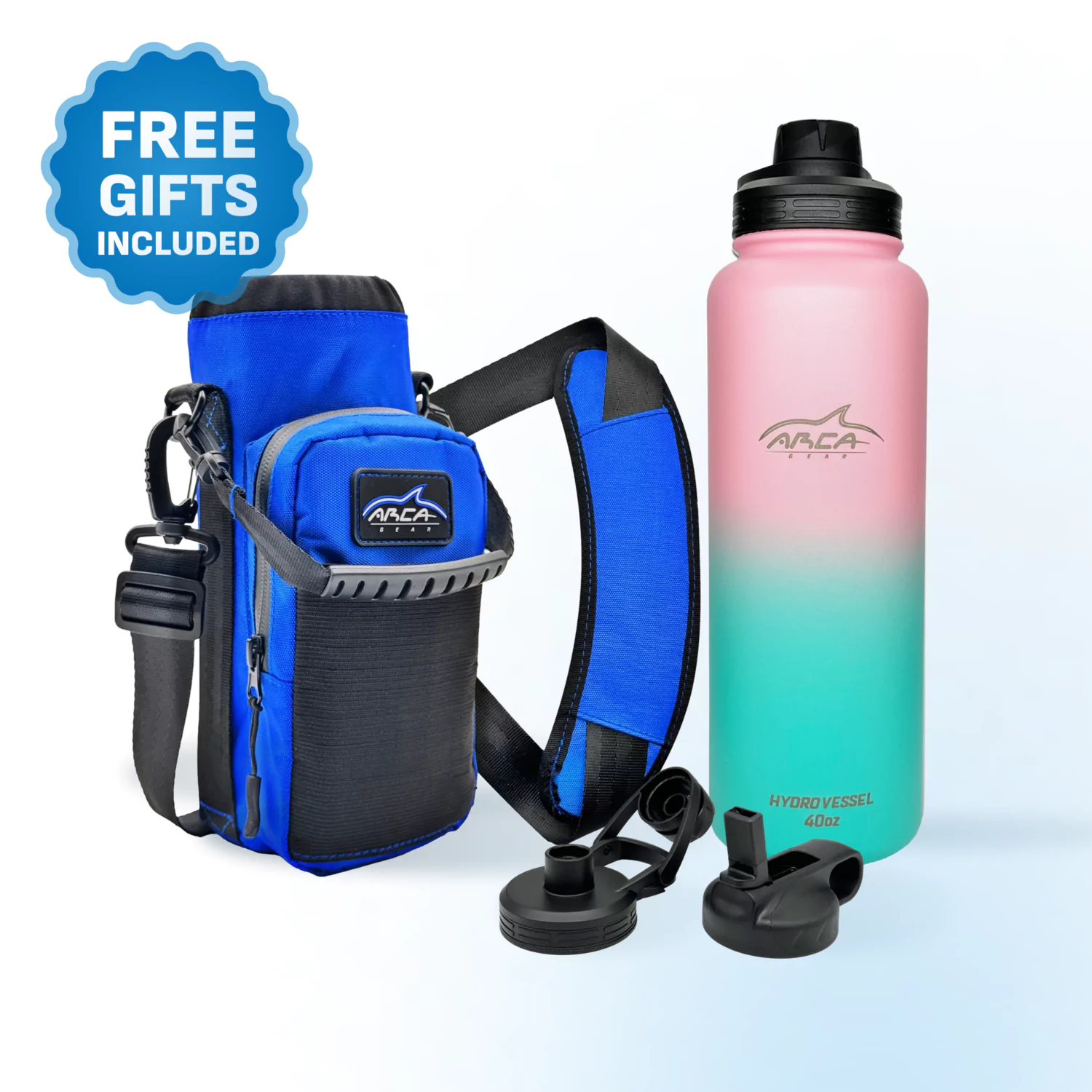 Blue water bottle carrier with strap and pink-green gradient bottle, labeled 'FREE GIFTS INCLUDED.'