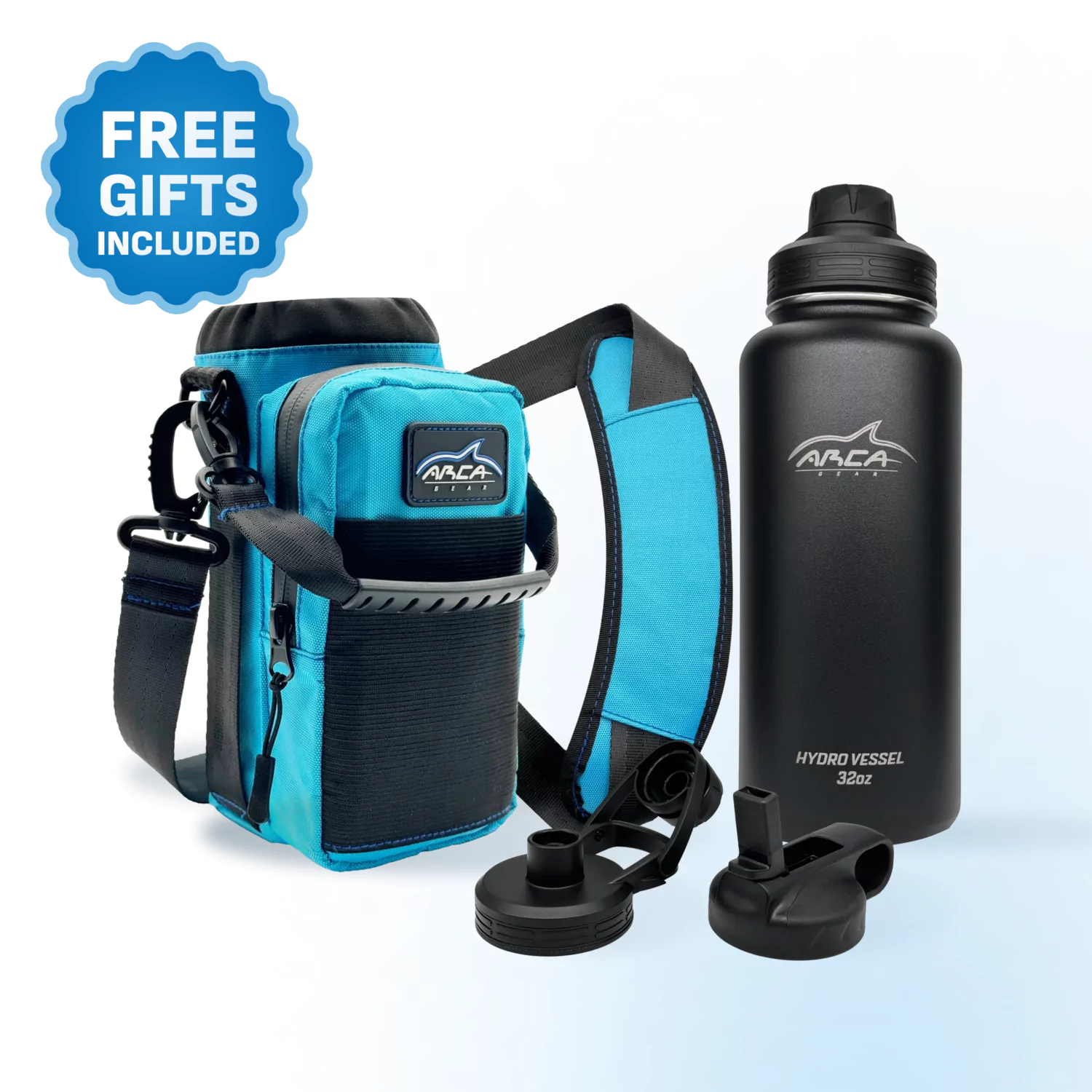 Blue and black insulated bag with water bottle and accessories.