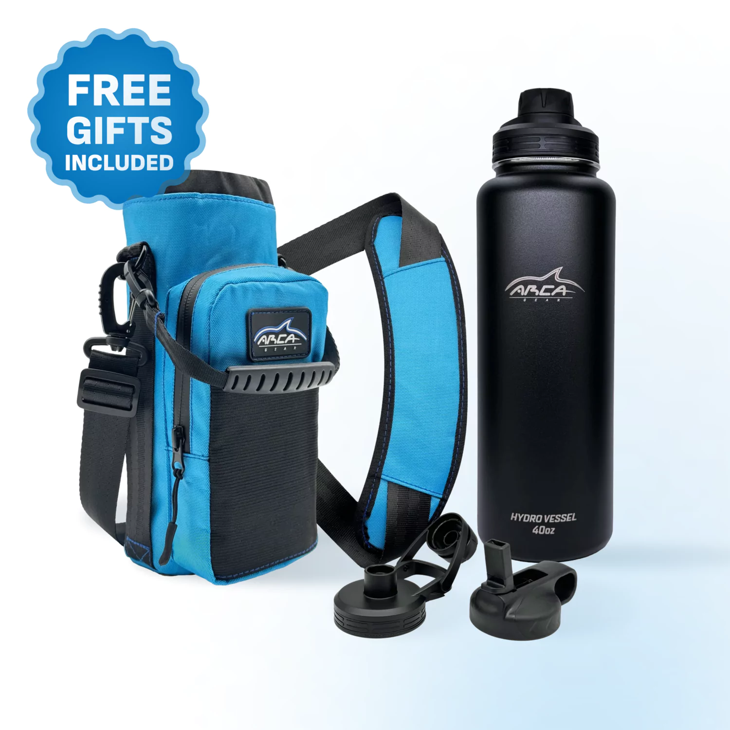 Black water bottle with blue carrying case and extra lids, includes free gifts label.
