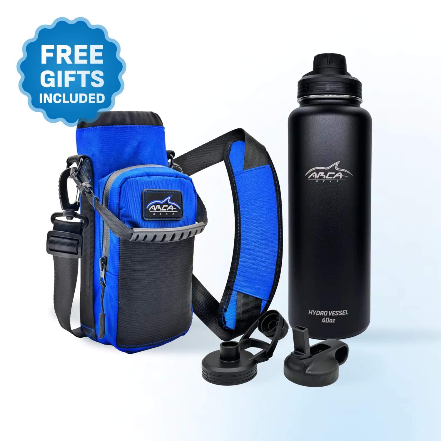 Blue carrying case with strap and black water bottle with two lids.