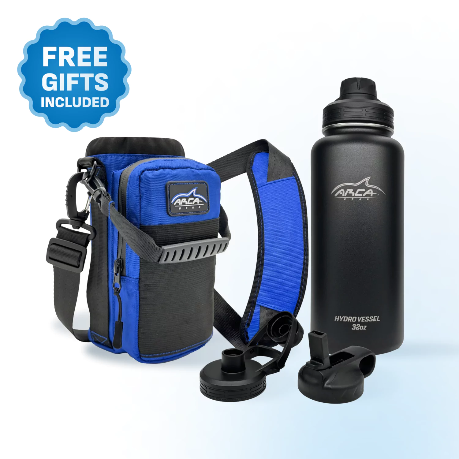 Blue and black water bottle carrier, bottle, and accessories with a 'Free Gifts Included' label.
