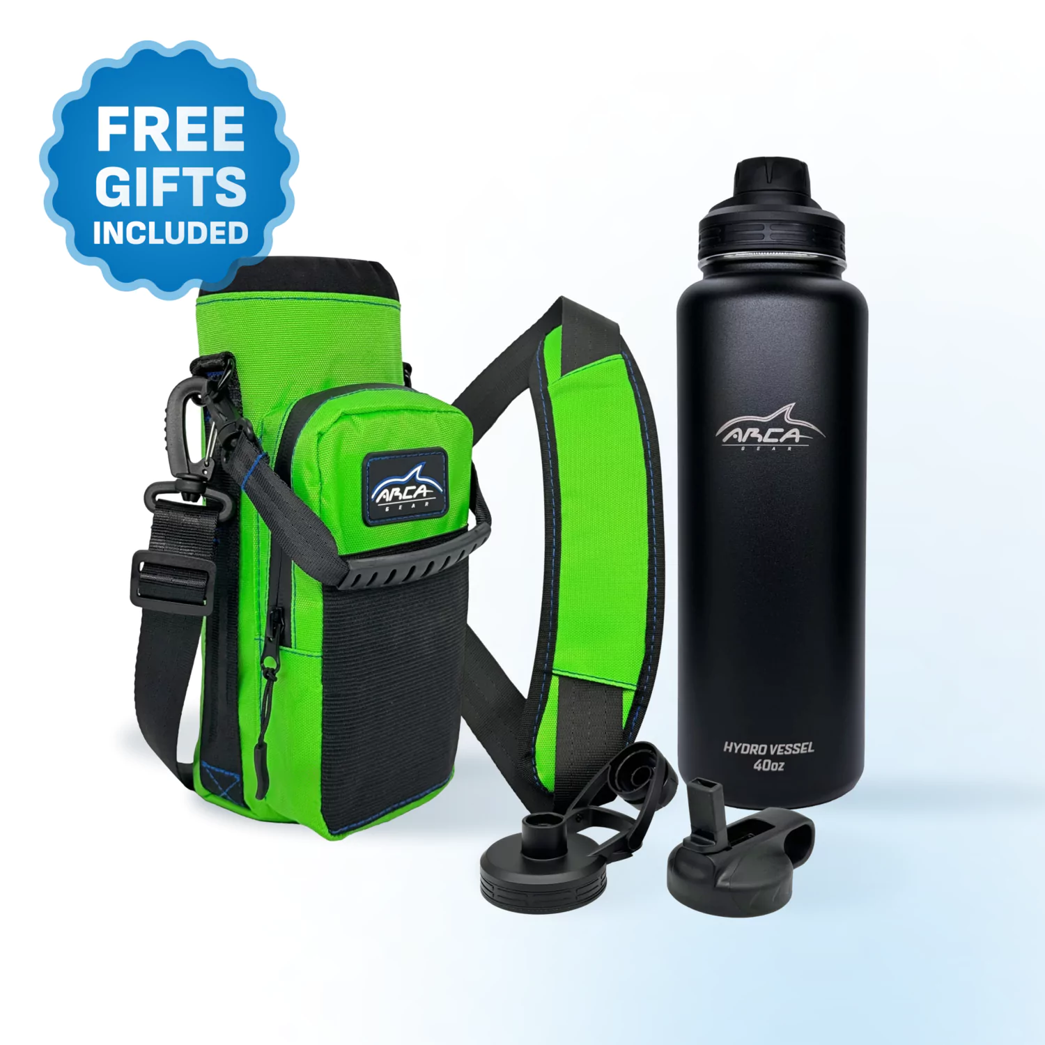 Green carrying case with shoulder strap, black bottle, lids, and 'FREE GIFTS INCLUDED' label.