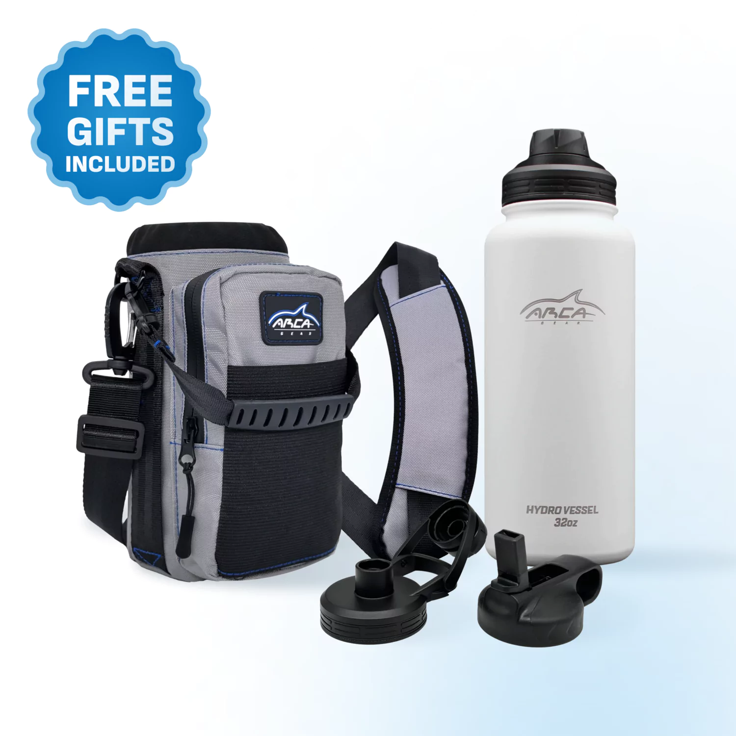 Insulated water bottle, carrying case, and lids with text 'Free Gifts Included.'