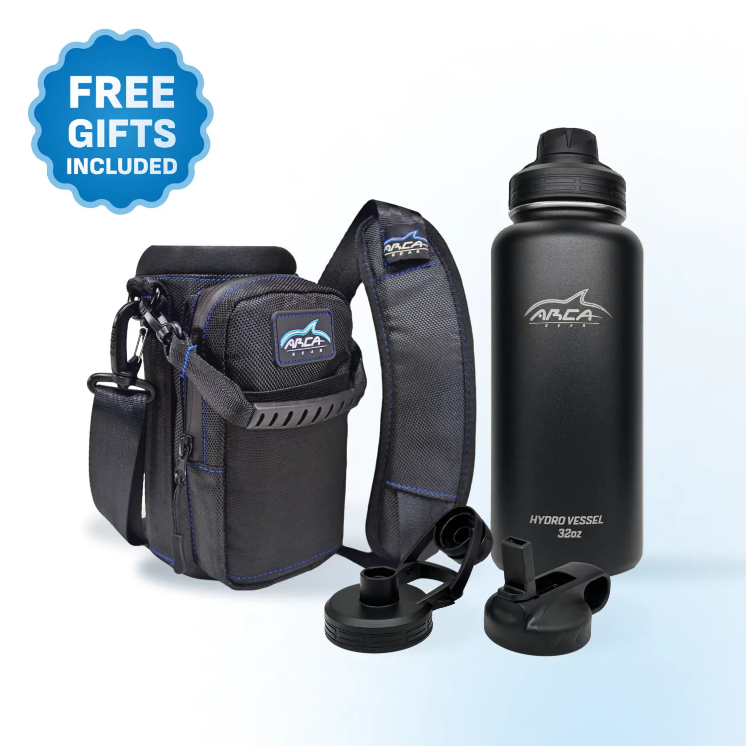 Black water bottle with carrying case and extra lids, marked 'Free Gifts Included'.