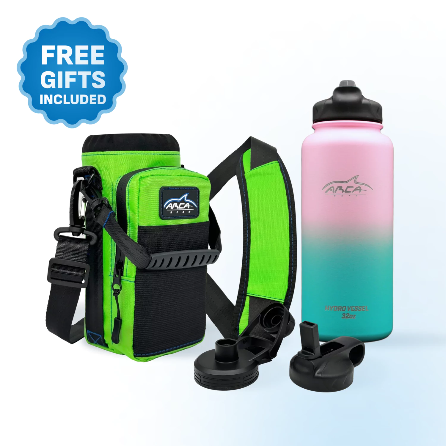 Green carrying case, gradient water bottle, and accessories with a 'Free Gifts Included' label.