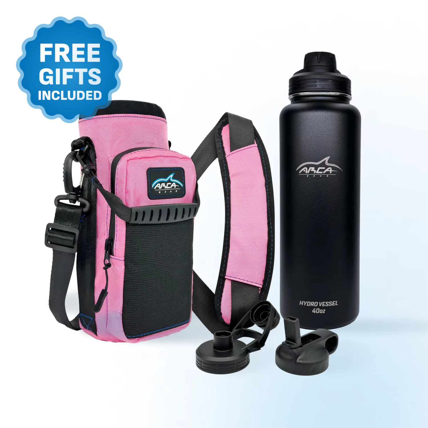 Pink insulated water bottle holder with a black water bottle and free gift label.