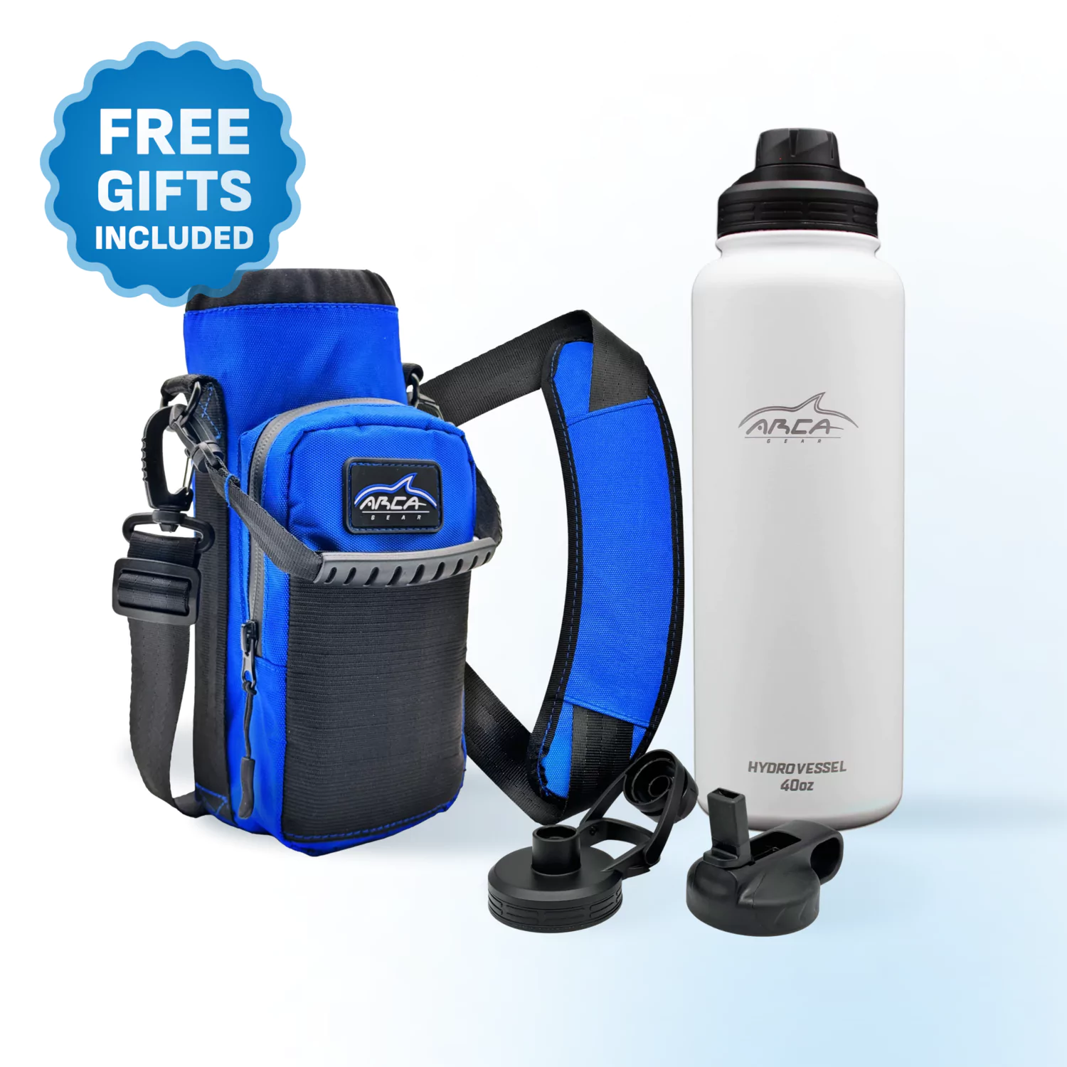 Water bottle with a blue carrying case and extra caps, labeled 'free gifts included.'