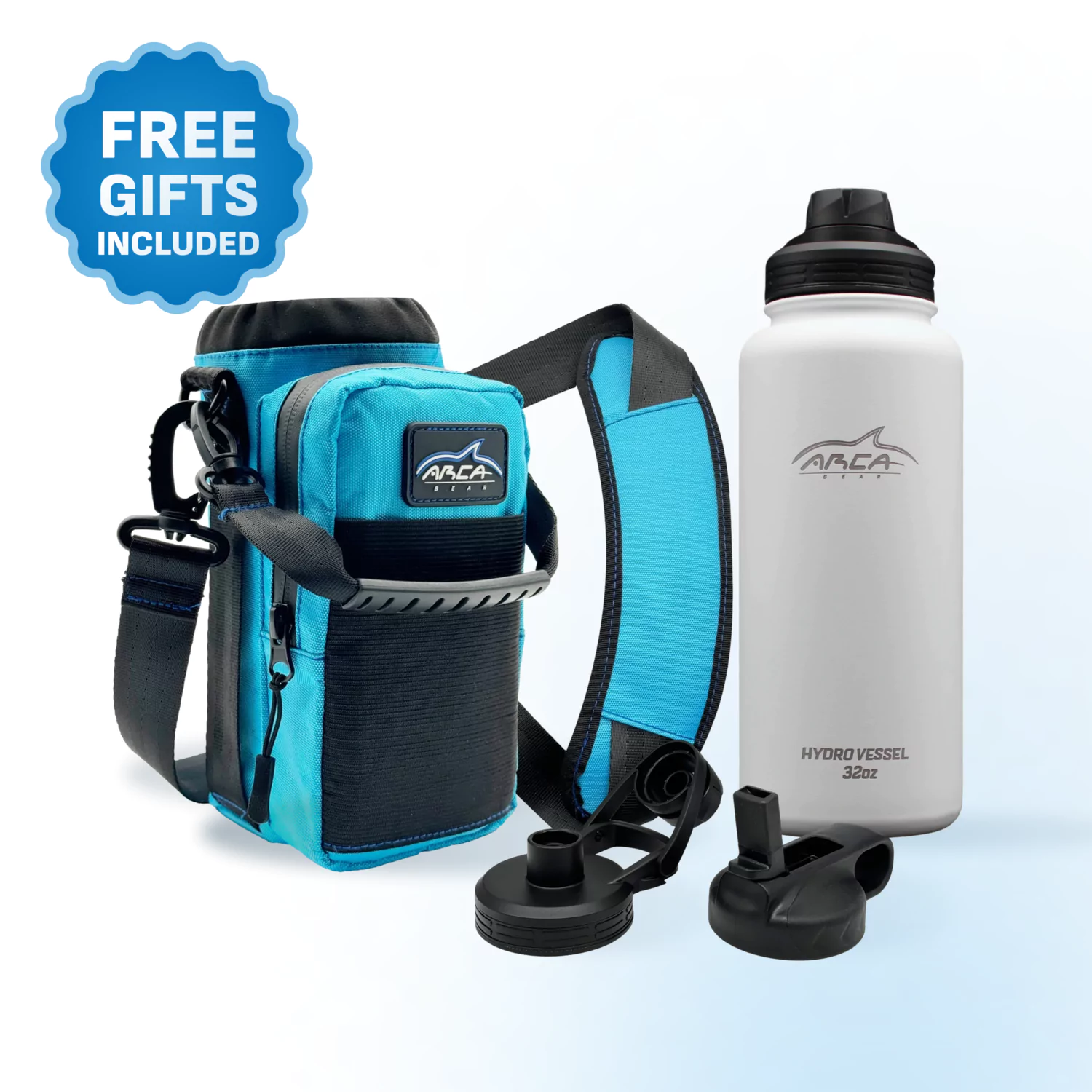 Blue carrying case with strap, white water bottle, and extra lids, labeled 'Free Gifts Included.'