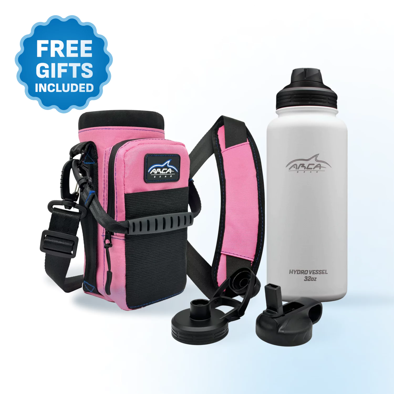 Pink and black carrying case with white bottle and additional lids, labeled 'Free Gifts Included.'