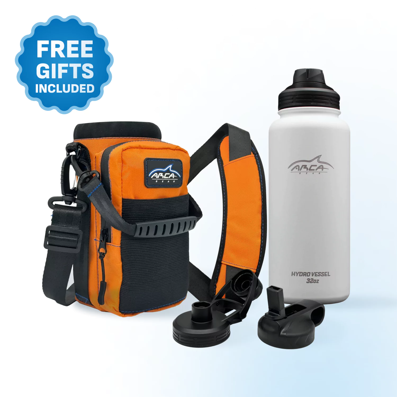 Orange water bottle holder with strap, white bottle, and two black lids.