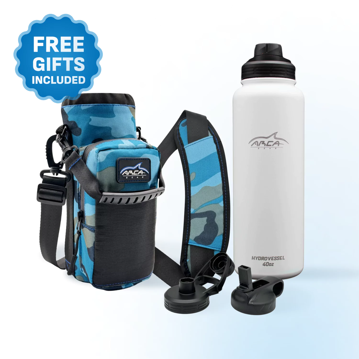 Camouflage case and white water bottle with extra lids, labeled 'Free Gifts Included.'